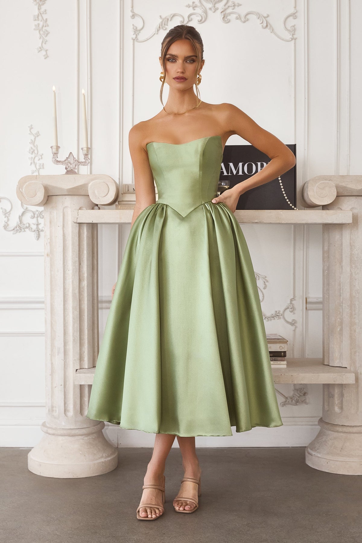 Satin Strapless Tea Length Dress by Amoris T822 - product image 4