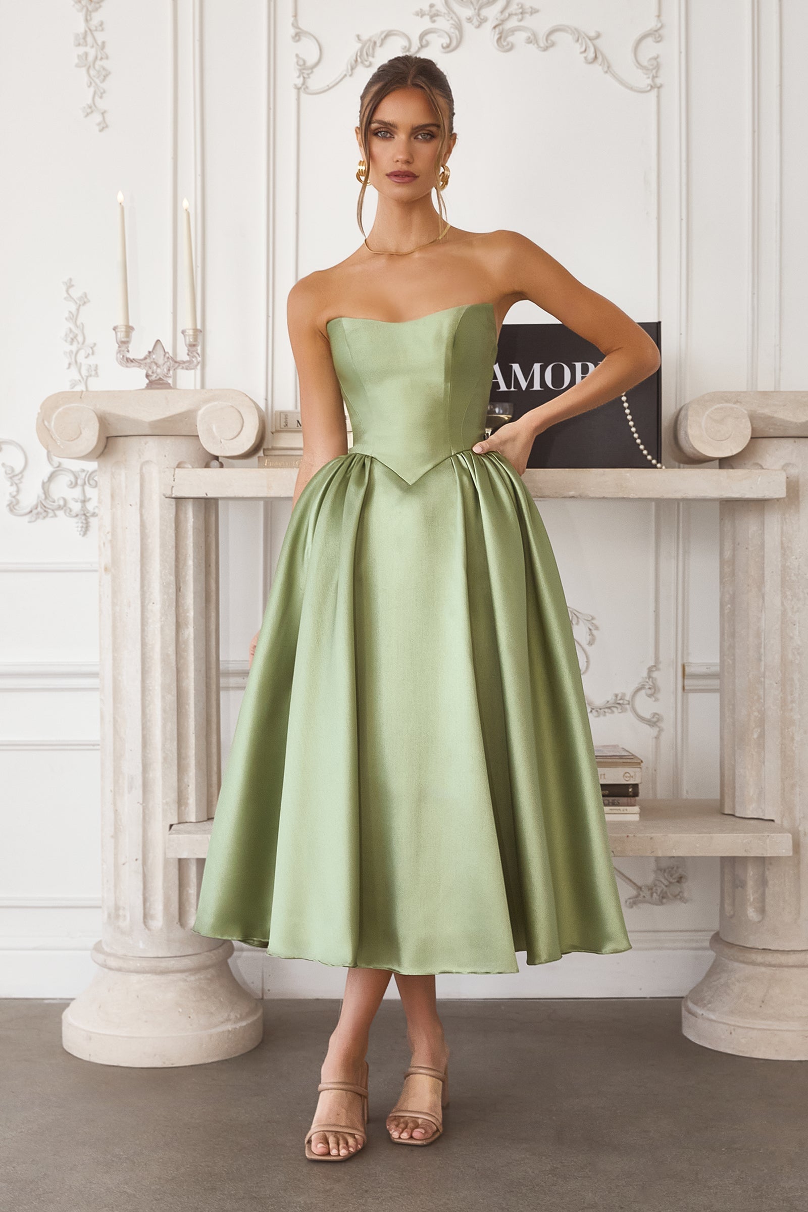 Satin Strapless Tea Length Dress by Amoris T822 - product image 4