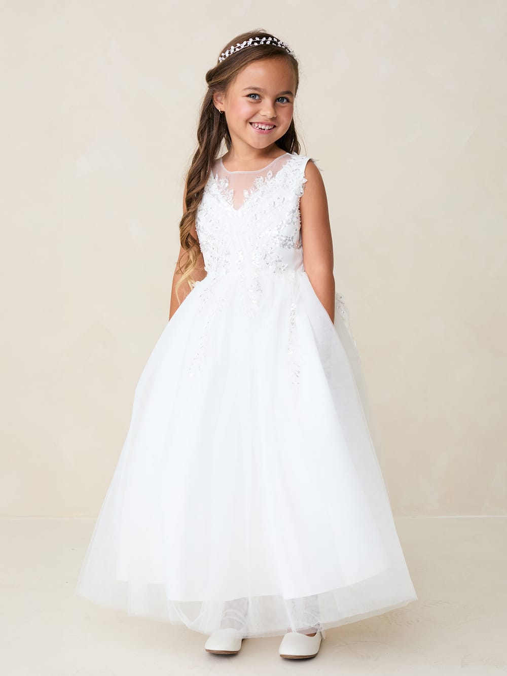 THALIA Girls V Neckline Bodice with 3D Leaves and Beading and Mesh Skirt Dress