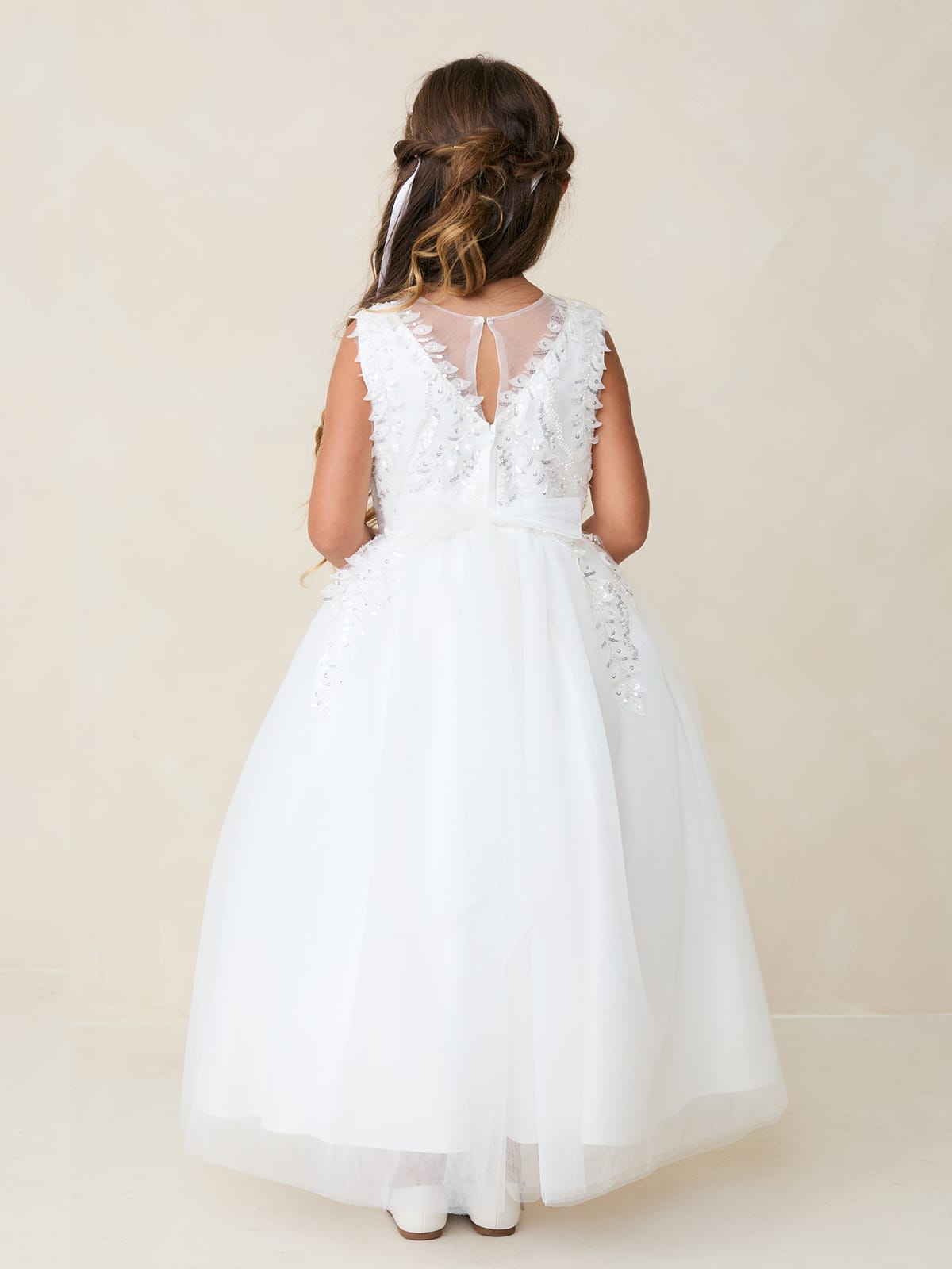 THALIA Girls V Neckline Bodice with 3D Leaves and Beading and Mesh Skirt Dress