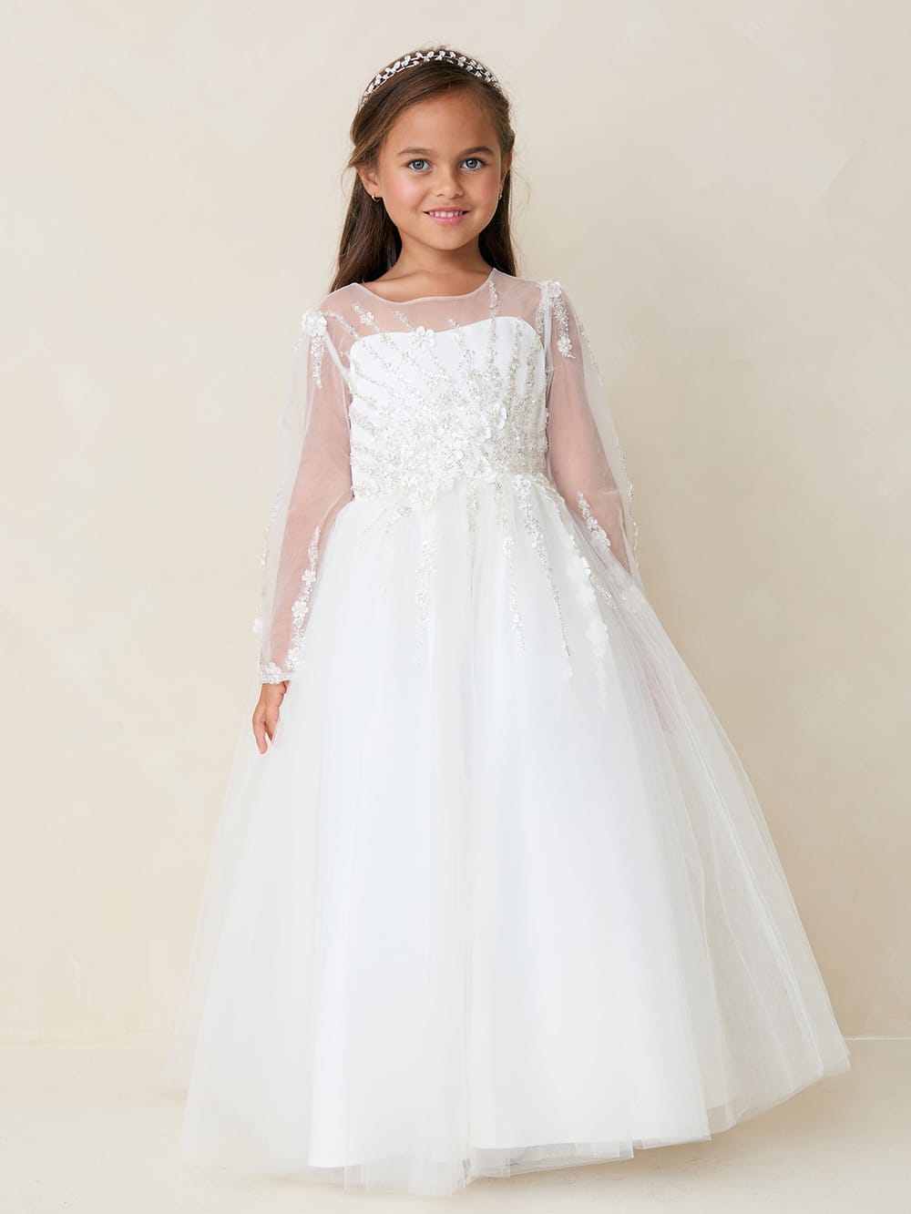 AANIA Long Sleeve with Beading on Bodice and Sleeve with Full Length Tulle Skirt Dress