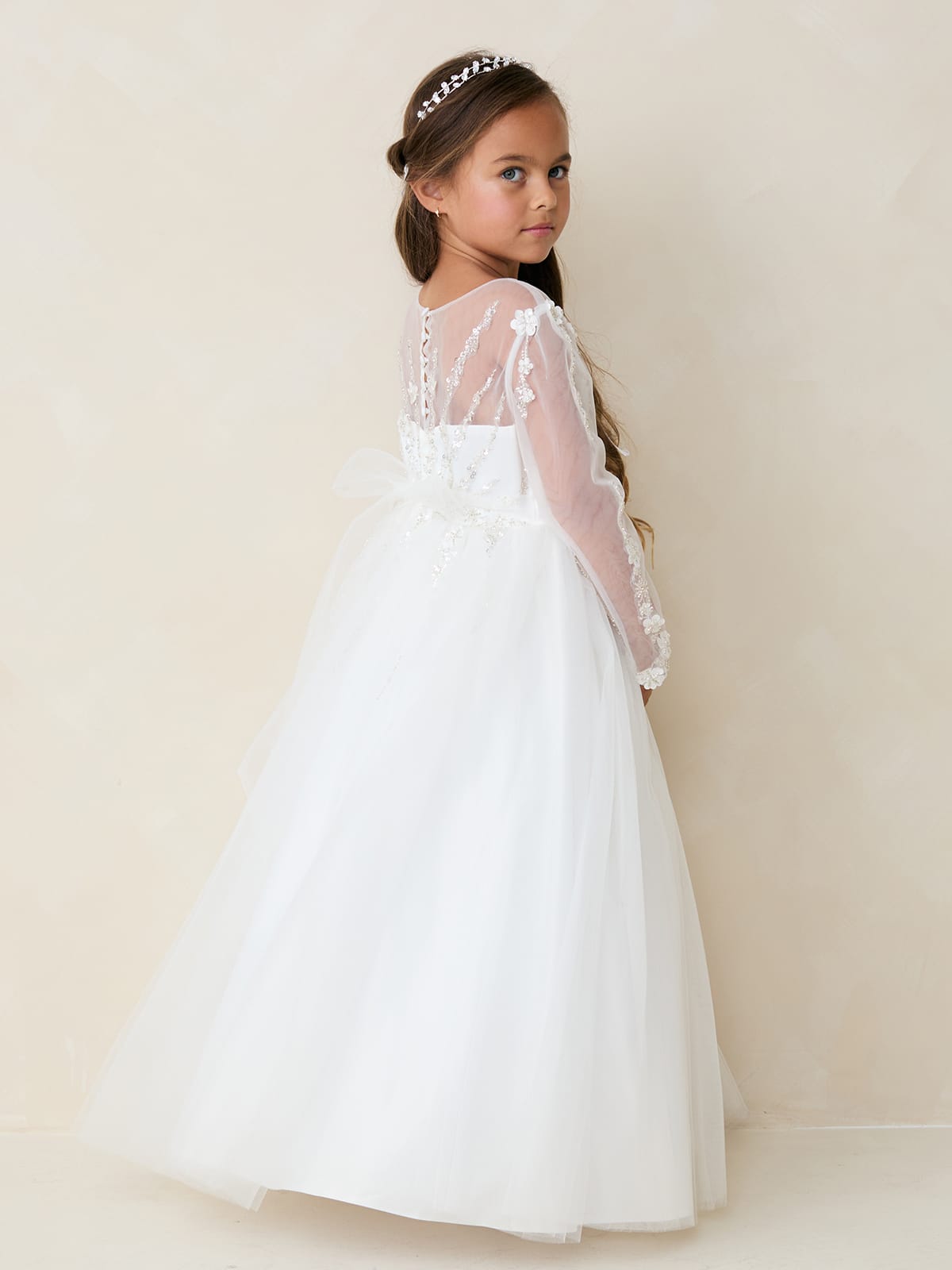 AANIA Long Sleeve with Beading on Bodice and Sleeve with Full Length Tulle Skirt Dress