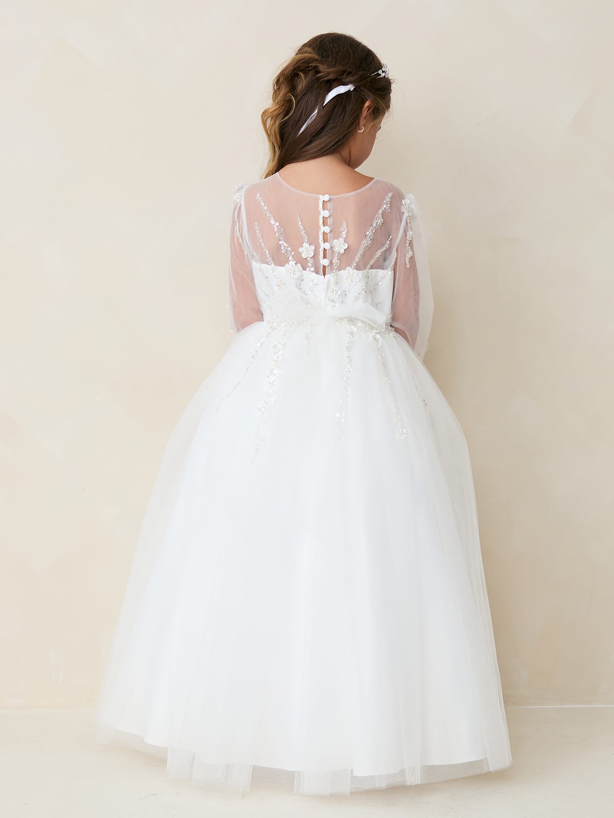 AANIA Long Sleeve with Beading on Bodice and Sleeve with Full Length Tulle Skirt Dress