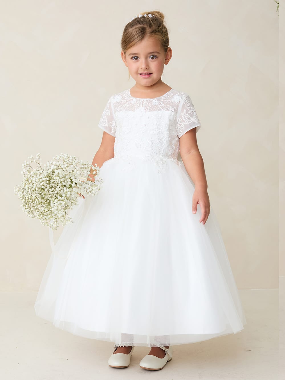 BERENICE Girls Short Sleeve Lace Applique with 3D Flowers and Tulle Skirt Dress