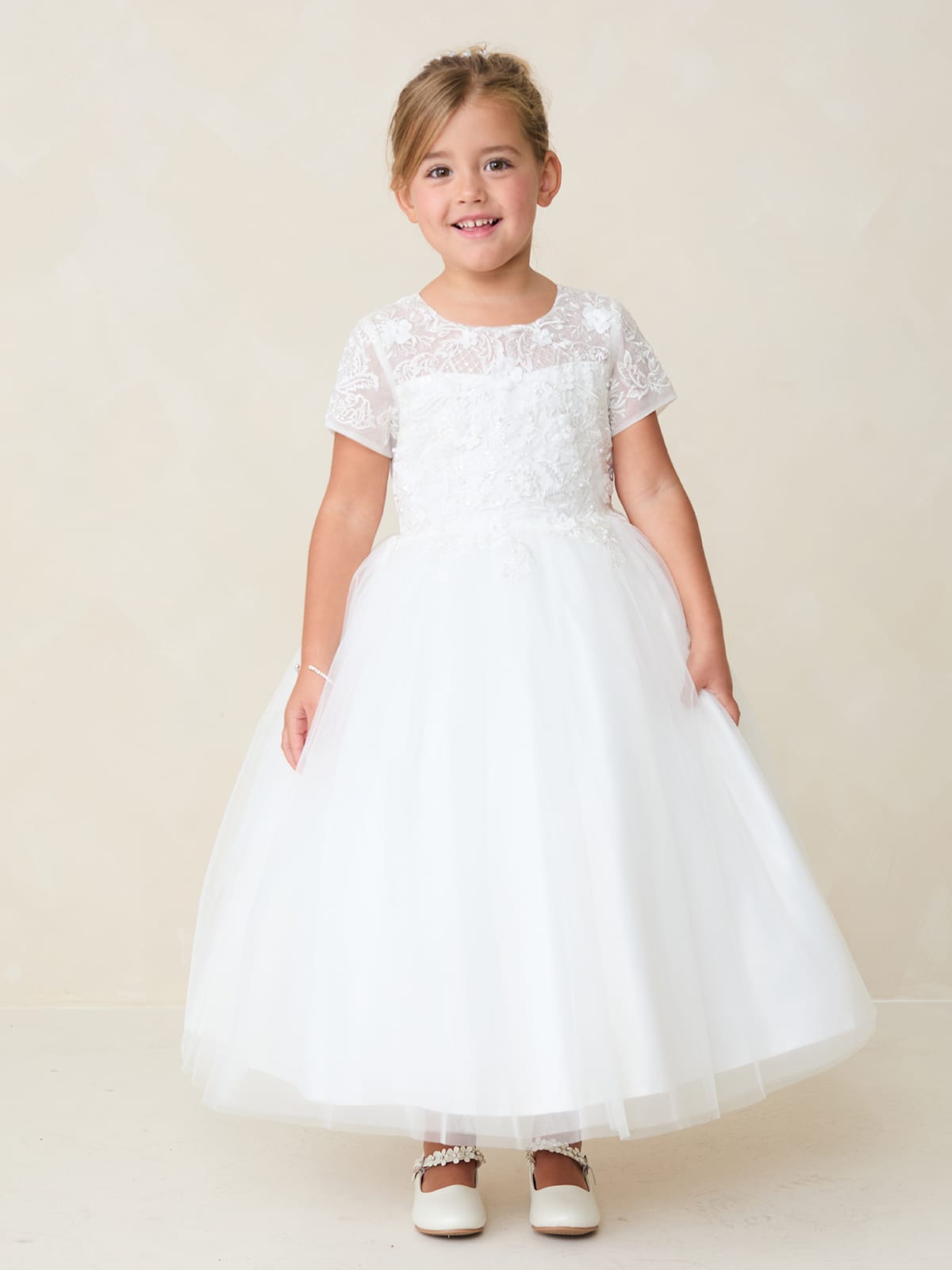 BERENICE Girls Short Sleeve Lace Applique with 3D Flowers and Tulle Skirt Dress