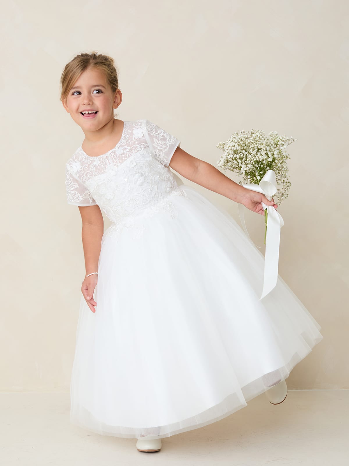 BERENICE Girls Short Sleeve Lace Applique with 3D Flowers and Tulle Skirt Dress