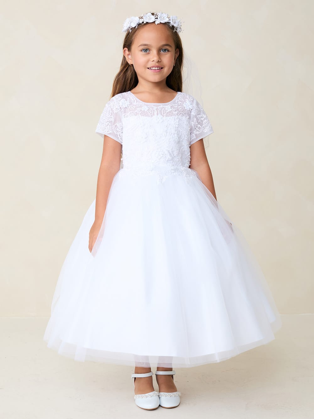 BERENICE Girls Short Sleeve Lace Applique with 3D Flowers and Tulle Skirt Dress