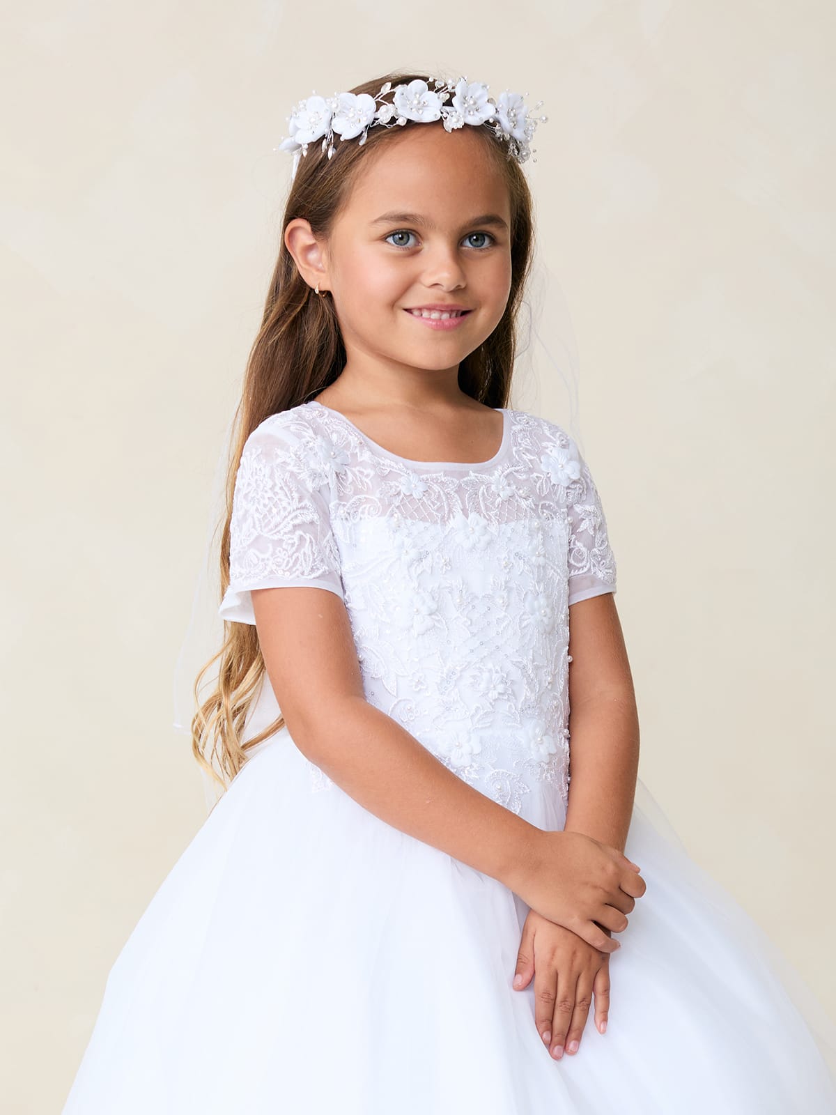 BERENICE Girls Short Sleeve Lace Applique with 3D Flowers and Tulle Skirt Dress