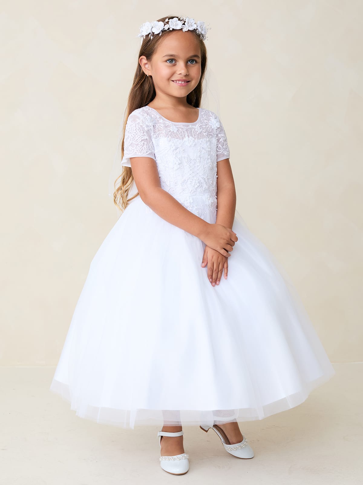 BERENICE Girls Short Sleeve Lace Applique with 3D Flowers and Tulle Skirt Dress