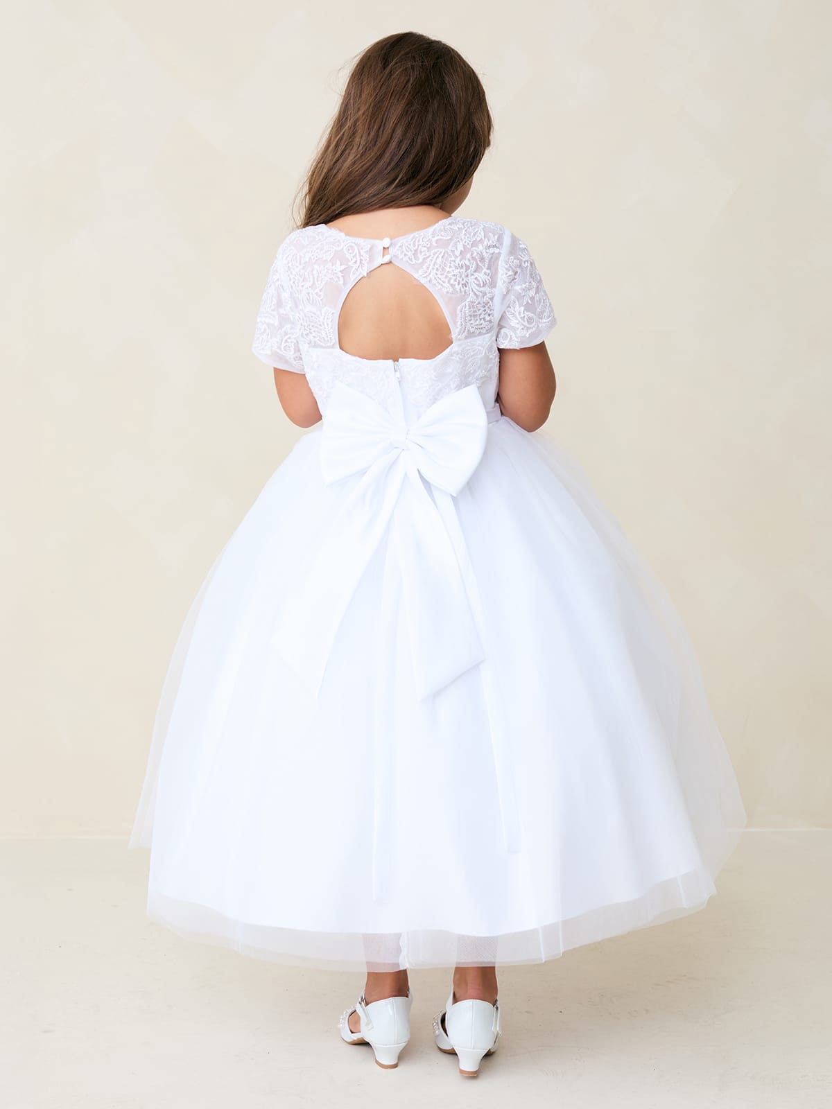 BERENICE Girls Short Sleeve Lace Applique with 3D Flowers and Tulle Skirt Dress