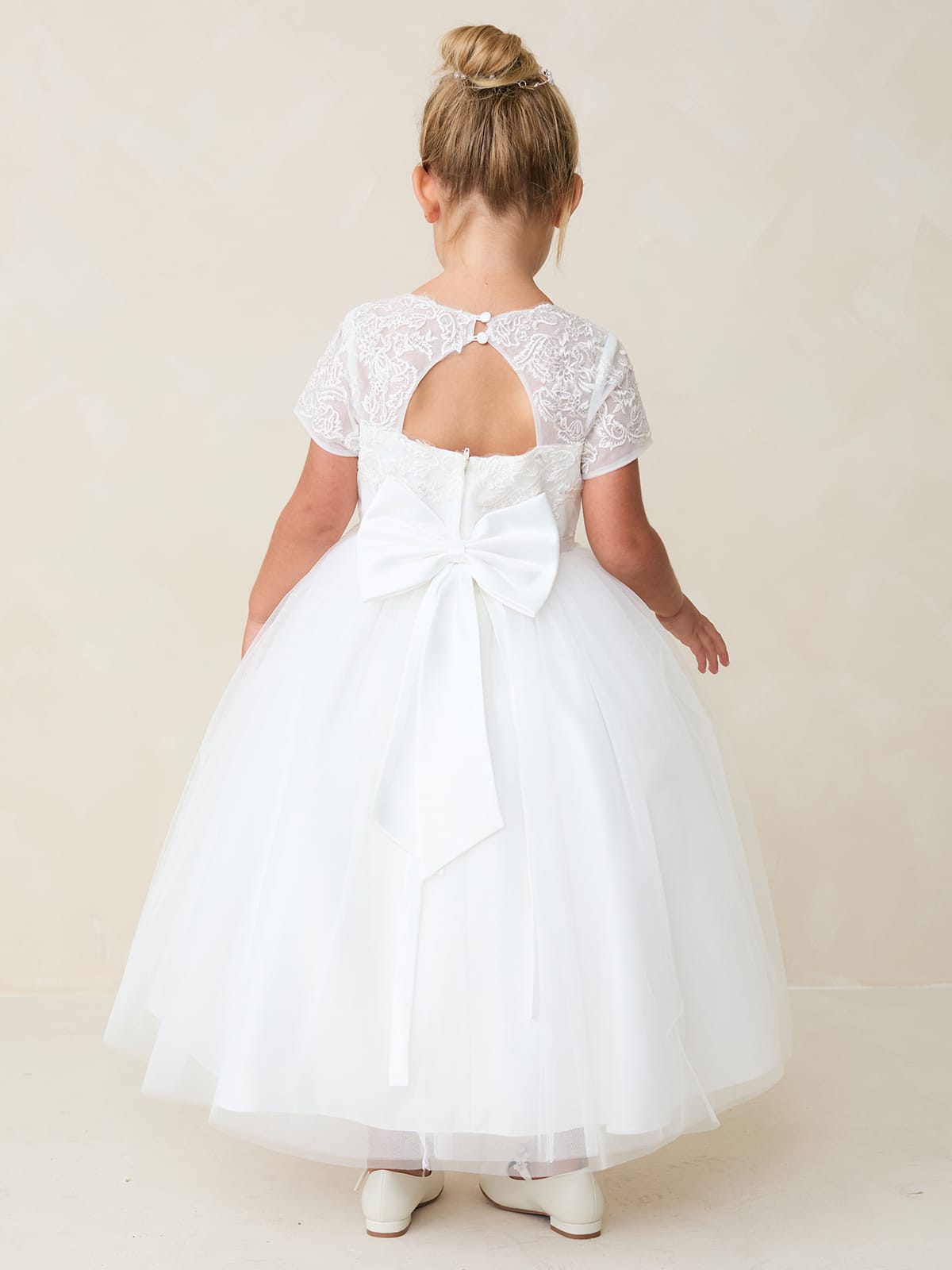 BERENICE Girls Short Sleeve Lace Applique with 3D Flowers and Tulle Skirt Dress