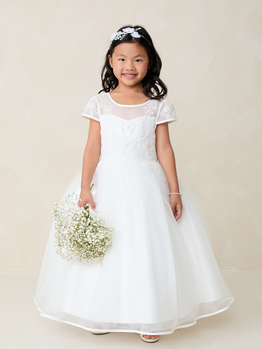 AMANA Girl Cap Sleeved Lace Applique Bodice with Satin Bias Edge Dress