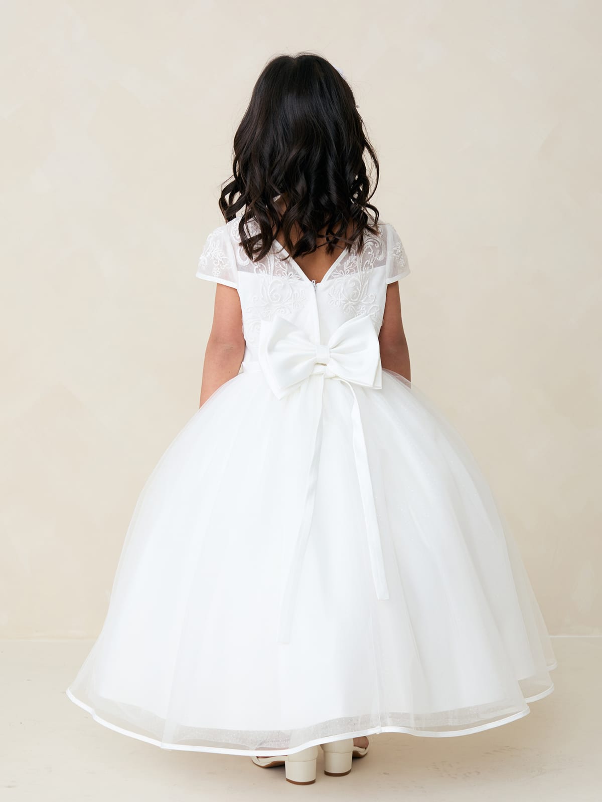 AMANA Girl Cap Sleeved Lace Applique Bodice with Satin Bias Edge Dress