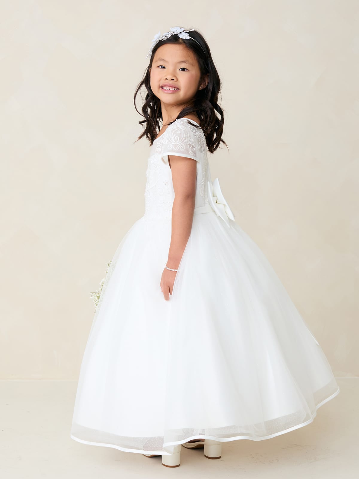 AMANA Girl Cap Sleeved Lace Applique Bodice with Satin Bias Edge Dress