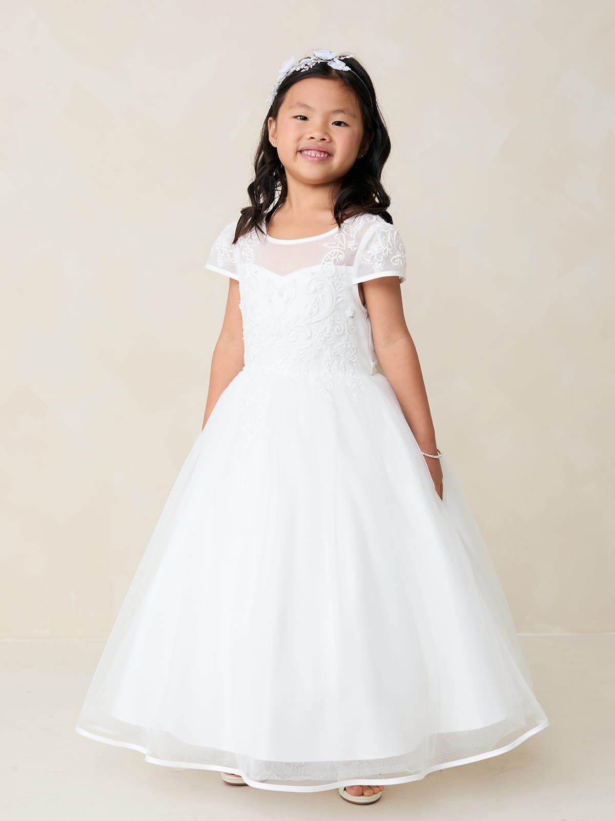 AMANA Girl Cap Sleeved Lace Applique Bodice with Satin Bias Edge Dress