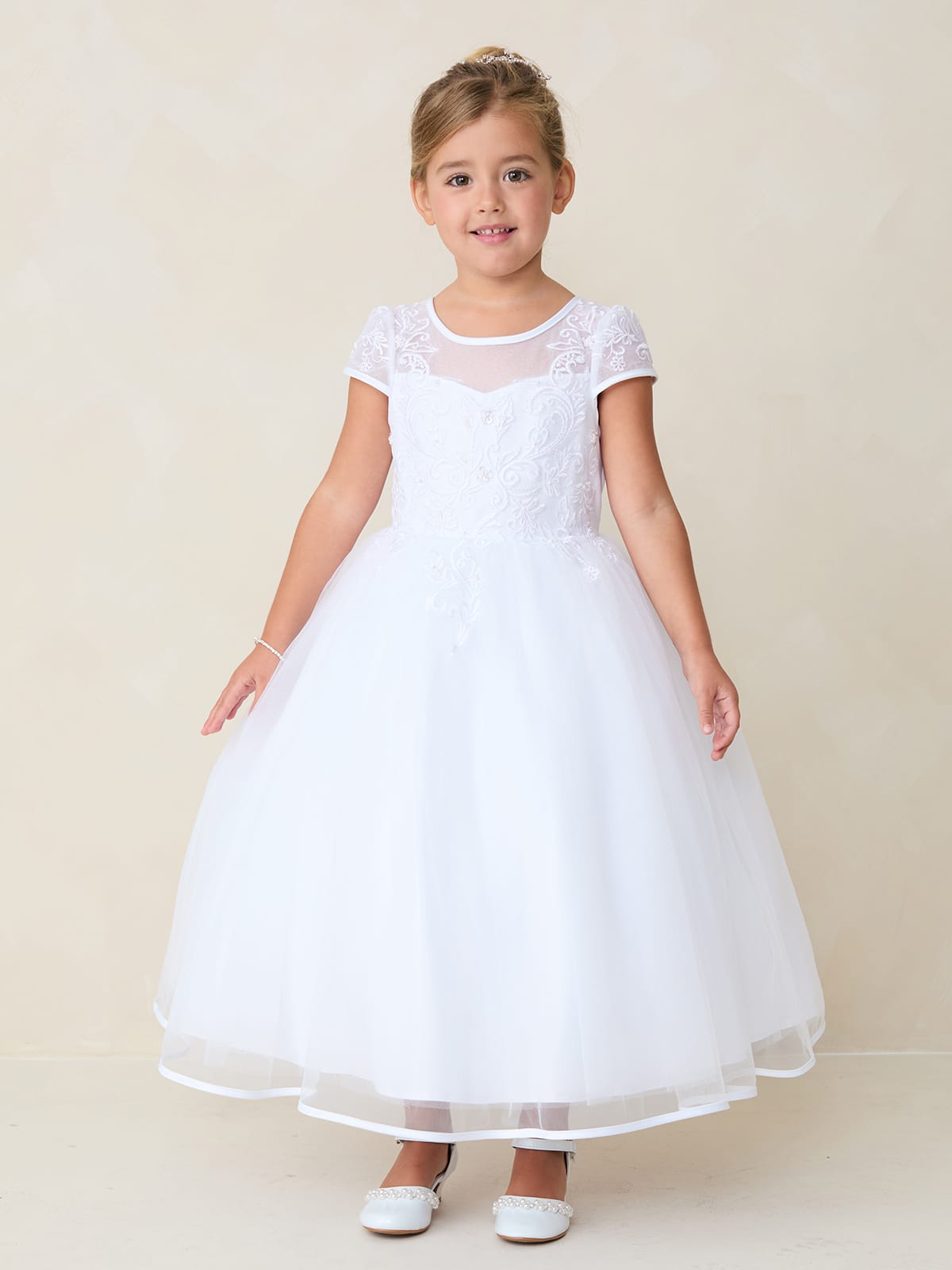 AMANA Girl Cap Sleeved Lace Applique Bodice with Satin Bias Edge Dress