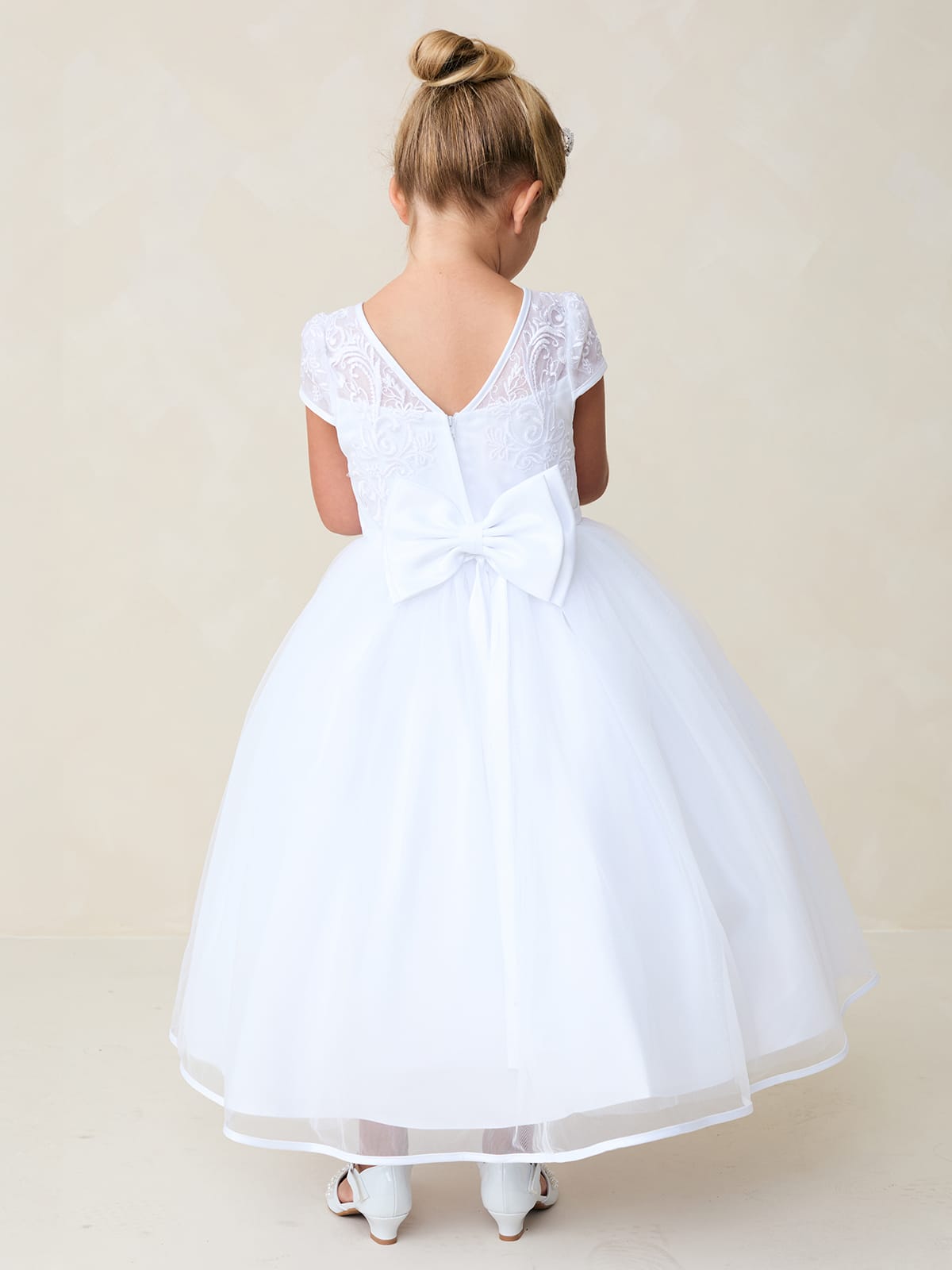 AMANA Girl Cap Sleeved Lace Applique Bodice with Satin Bias Edge Dress