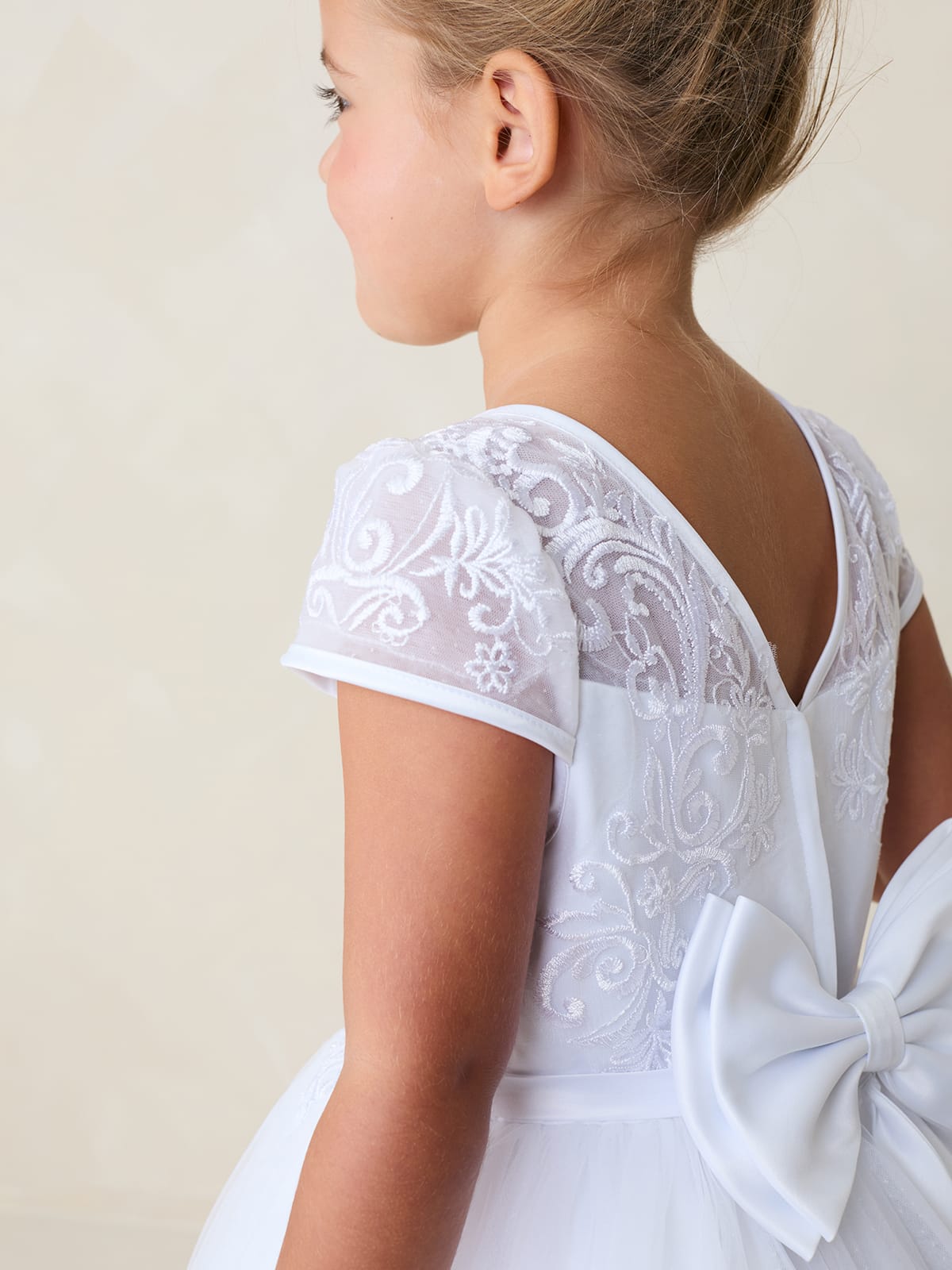 AMANA Girl Cap Sleeved Lace Applique Bodice with Satin Bias Edge Dress