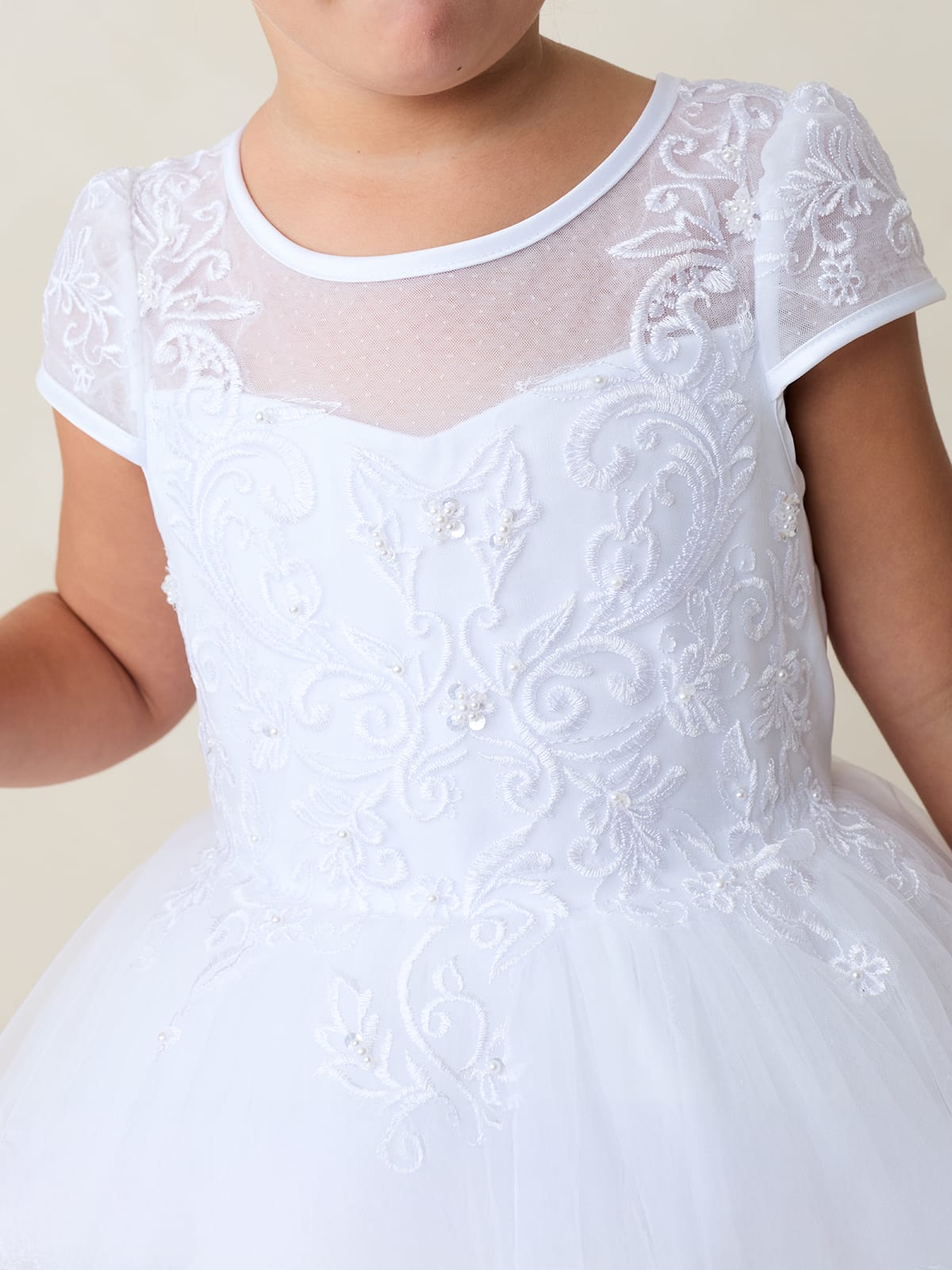 AMANA Girl Cap Sleeved Lace Applique Bodice with Satin Bias Edge Dress