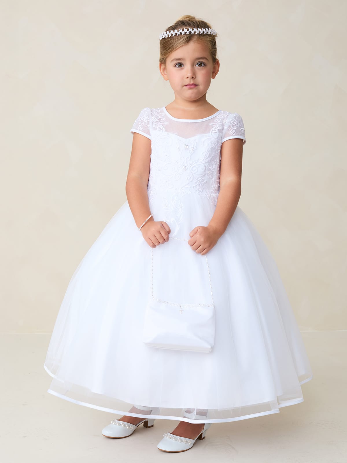 AMANA Girl Cap Sleeved Lace Applique Bodice with Satin Bias Edge Dress