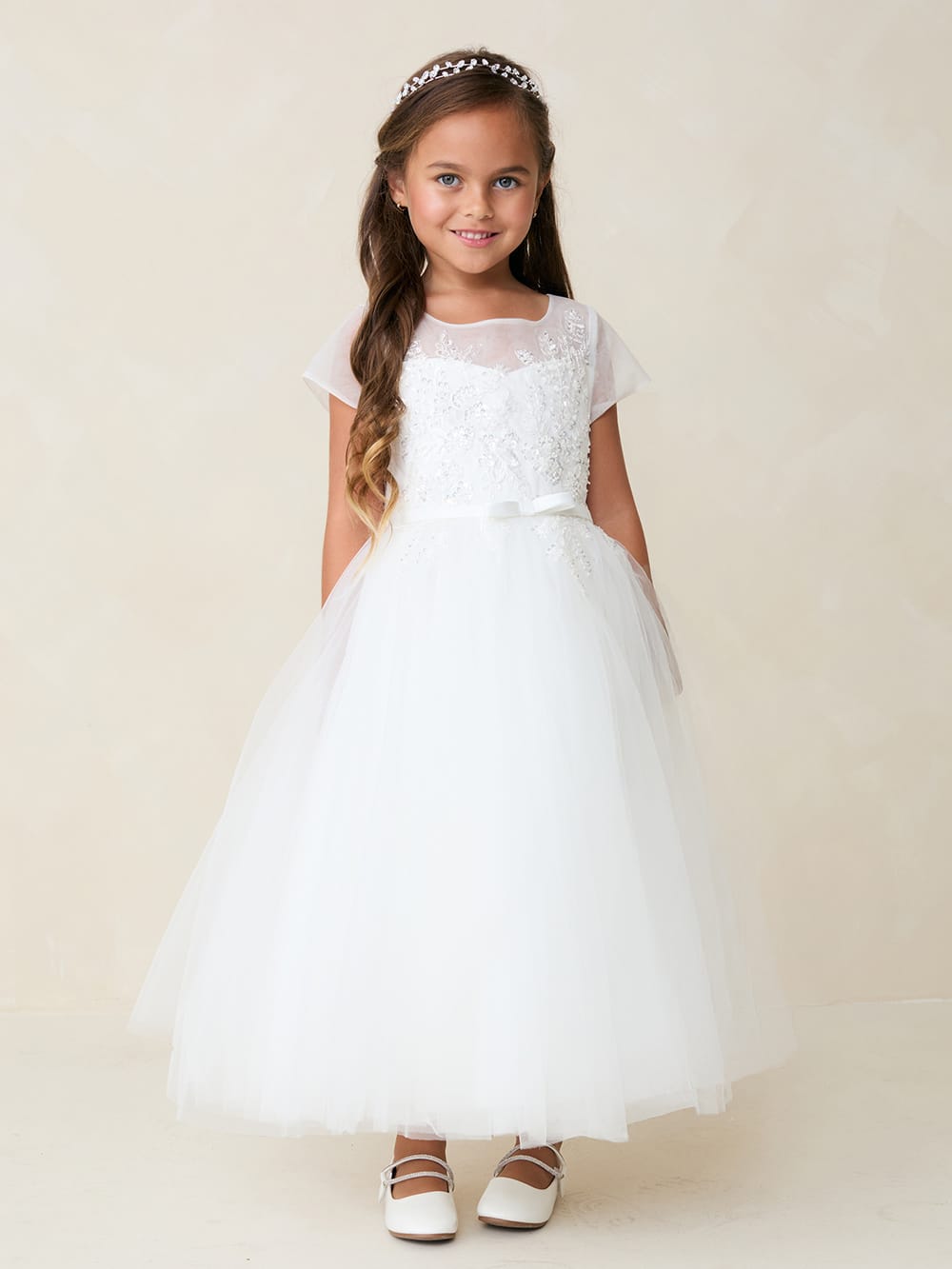 SADE Girls Short Sleeve Illusion Neckline Lace Bodice Dress
