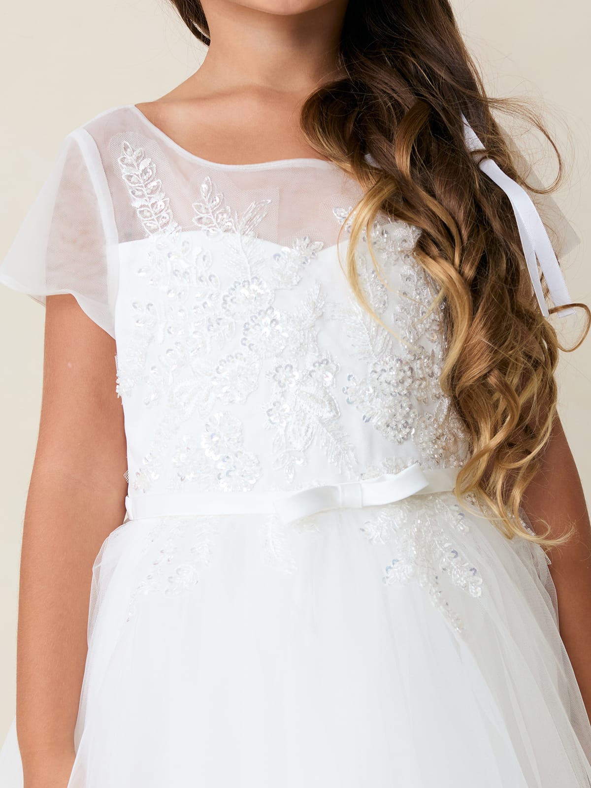 SADE Girls Short Sleeve Illusion Neckline Lace Bodice Dress