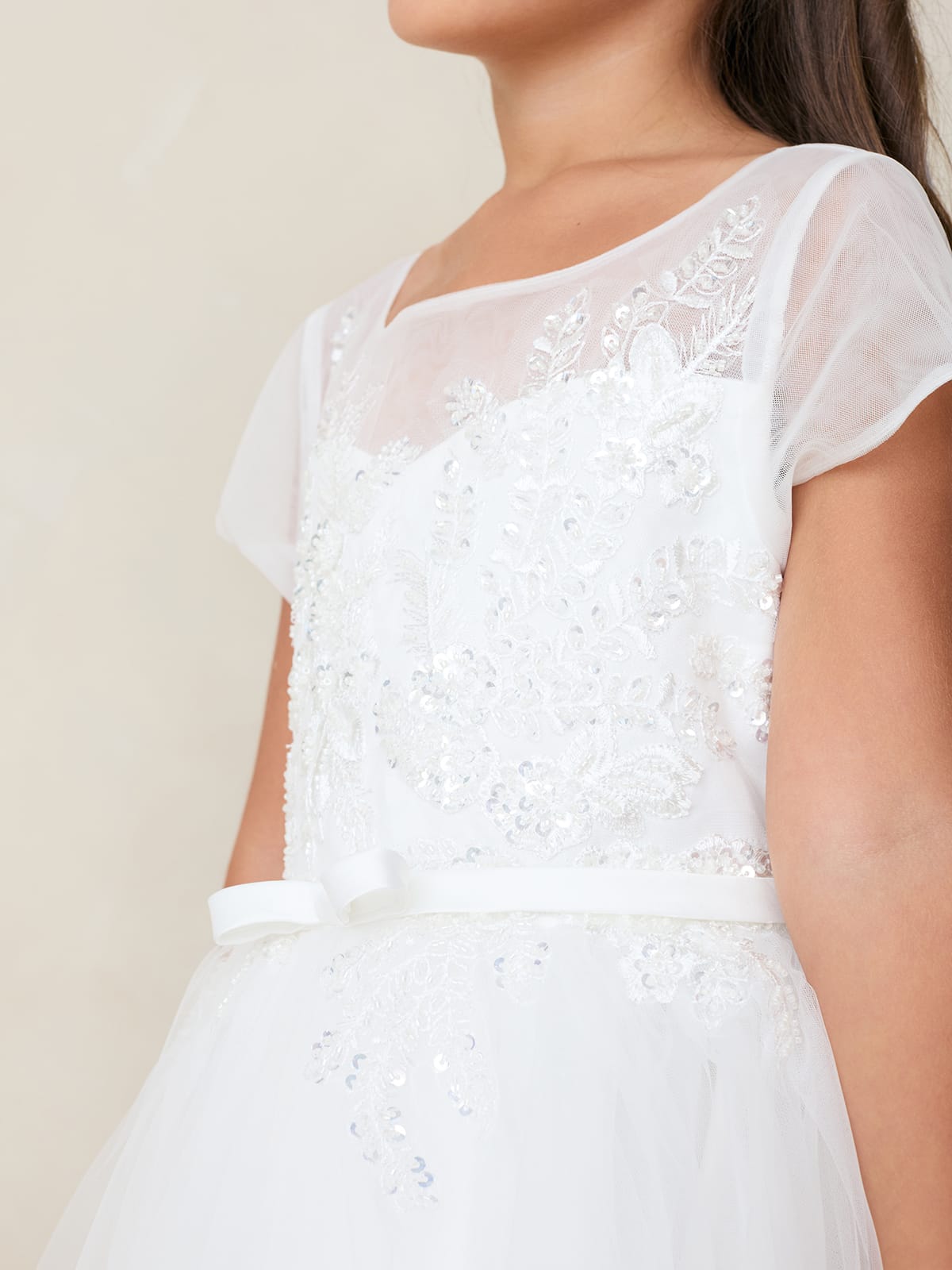 SADE Girls Short Sleeve Illusion Neckline Lace Bodice Dress