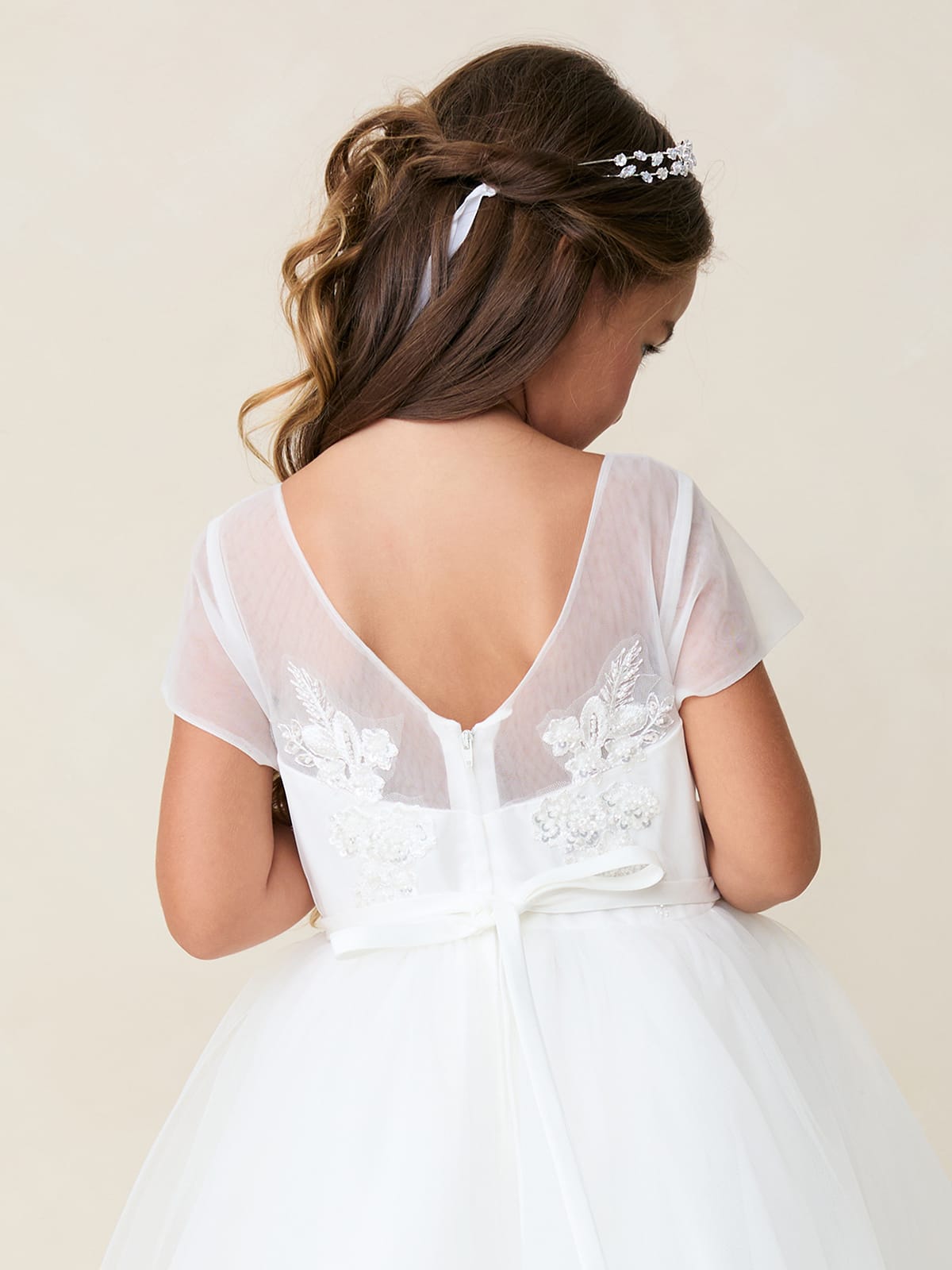 SADE Girls Short Sleeve Illusion Neckline Lace Bodice Dress