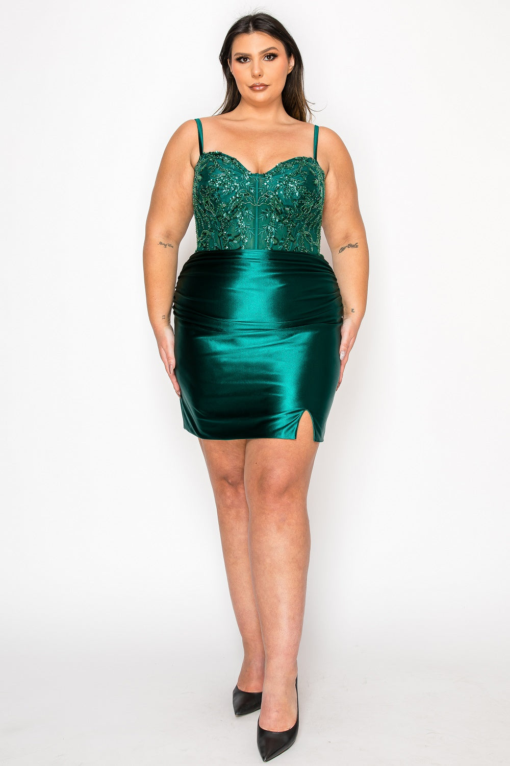 Plus Size Short Beaded Satin Slit Dress by Poly USA W1178 - product image 6