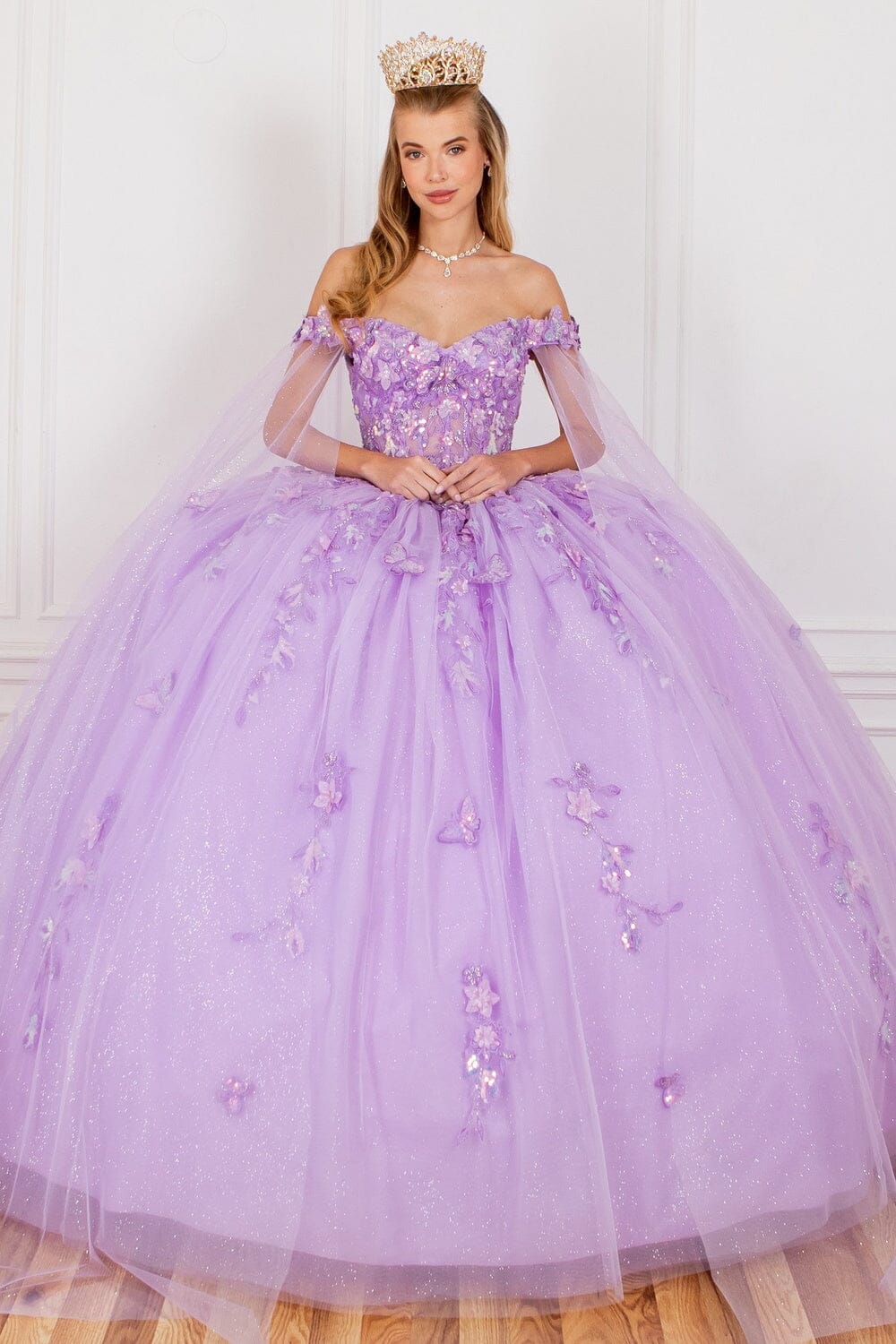 Applique Cape Sleeve Ball Gown by Cinderella Couture 8075J - product image 5
