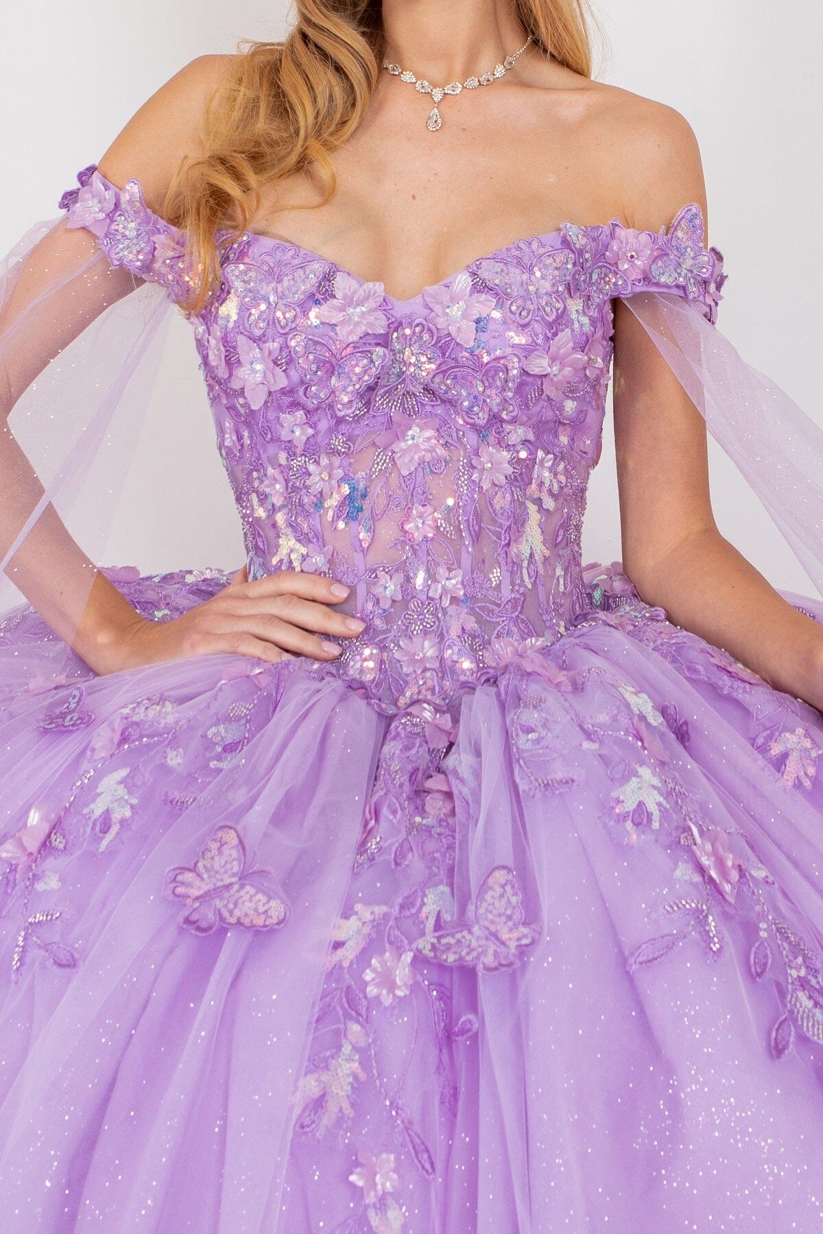Applique Cape Sleeve Ball Gown by Cinderella Couture 8075J - product image 3