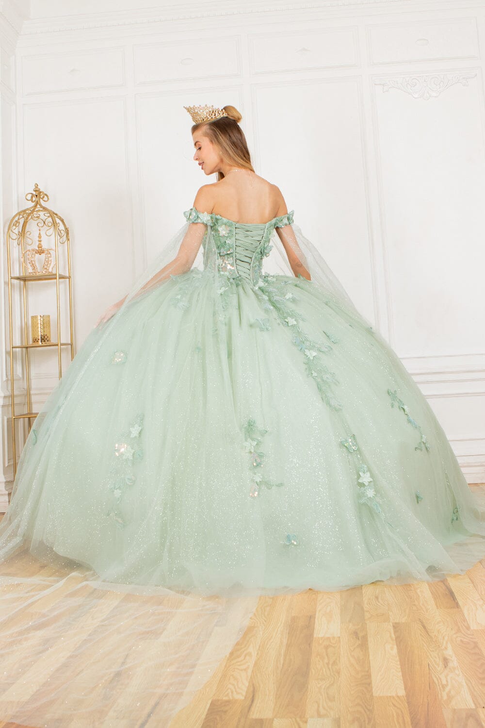 Applique Cape Sleeve Ball Gown by Cinderella Couture 8075J - product image 2