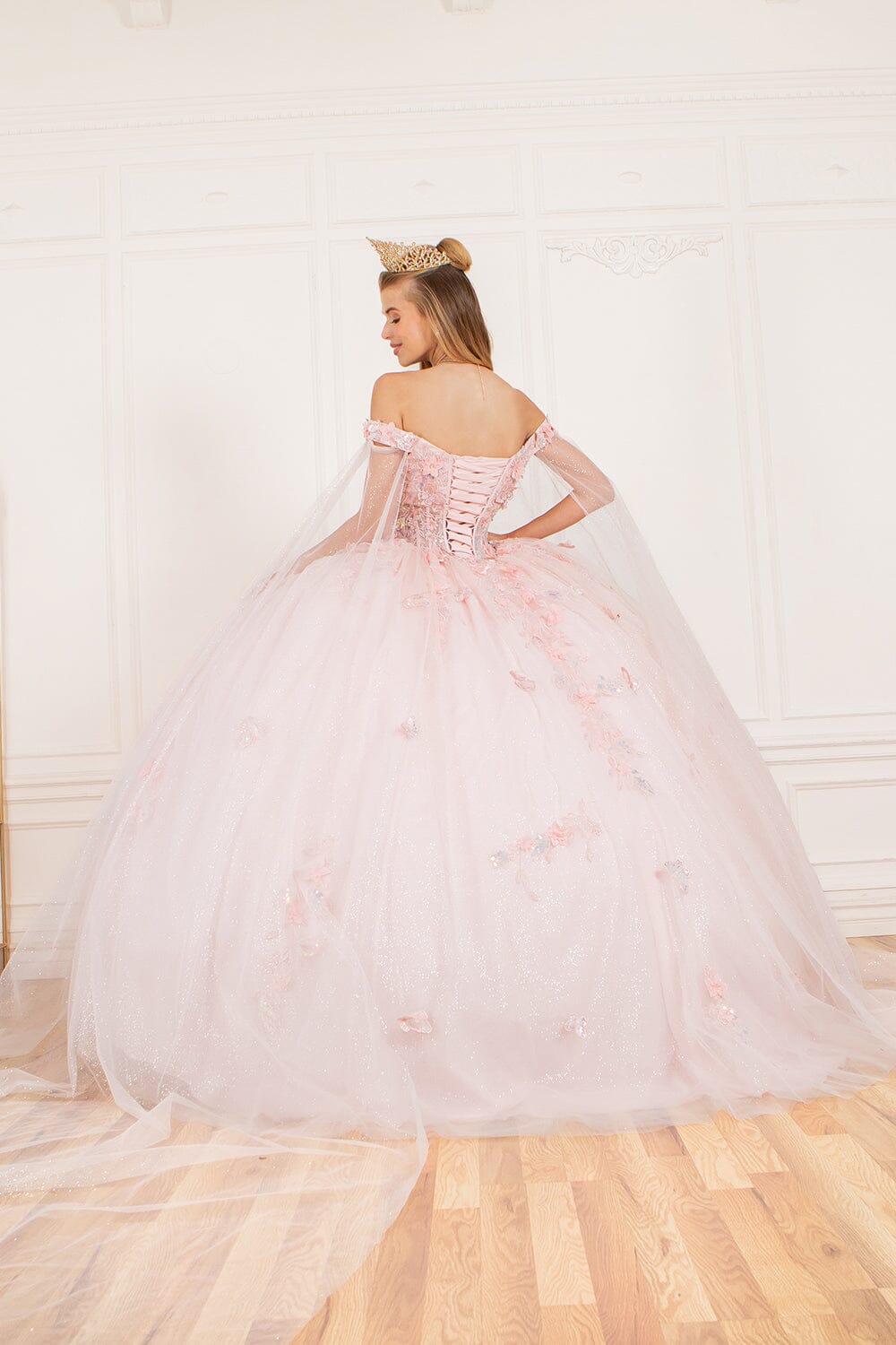 Applique Cape Sleeve Ball Gown by Cinderella Couture 8075J - product image 12