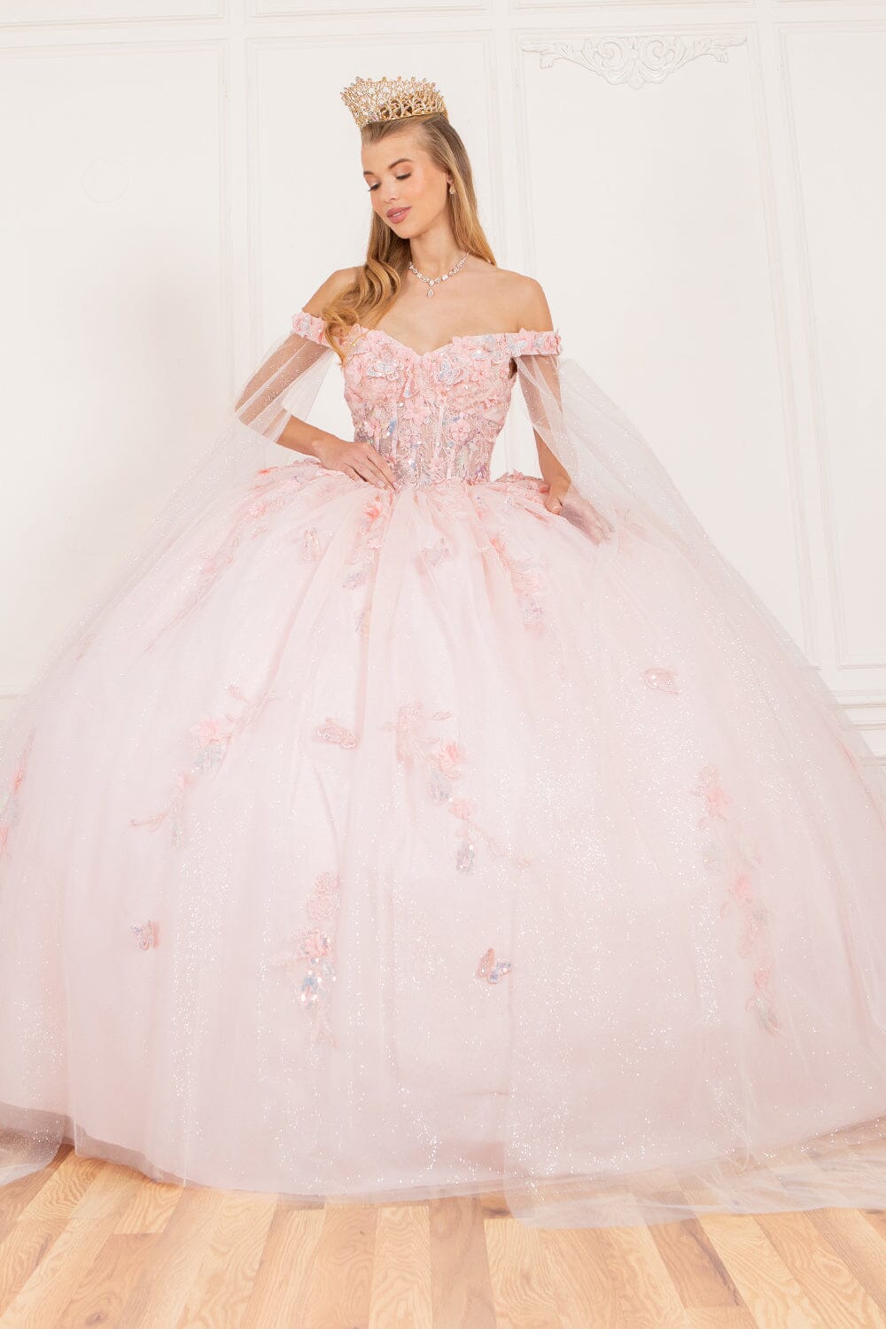 Applique Cape Sleeve Ball Gown by Cinderella Couture 8075J - product image 11