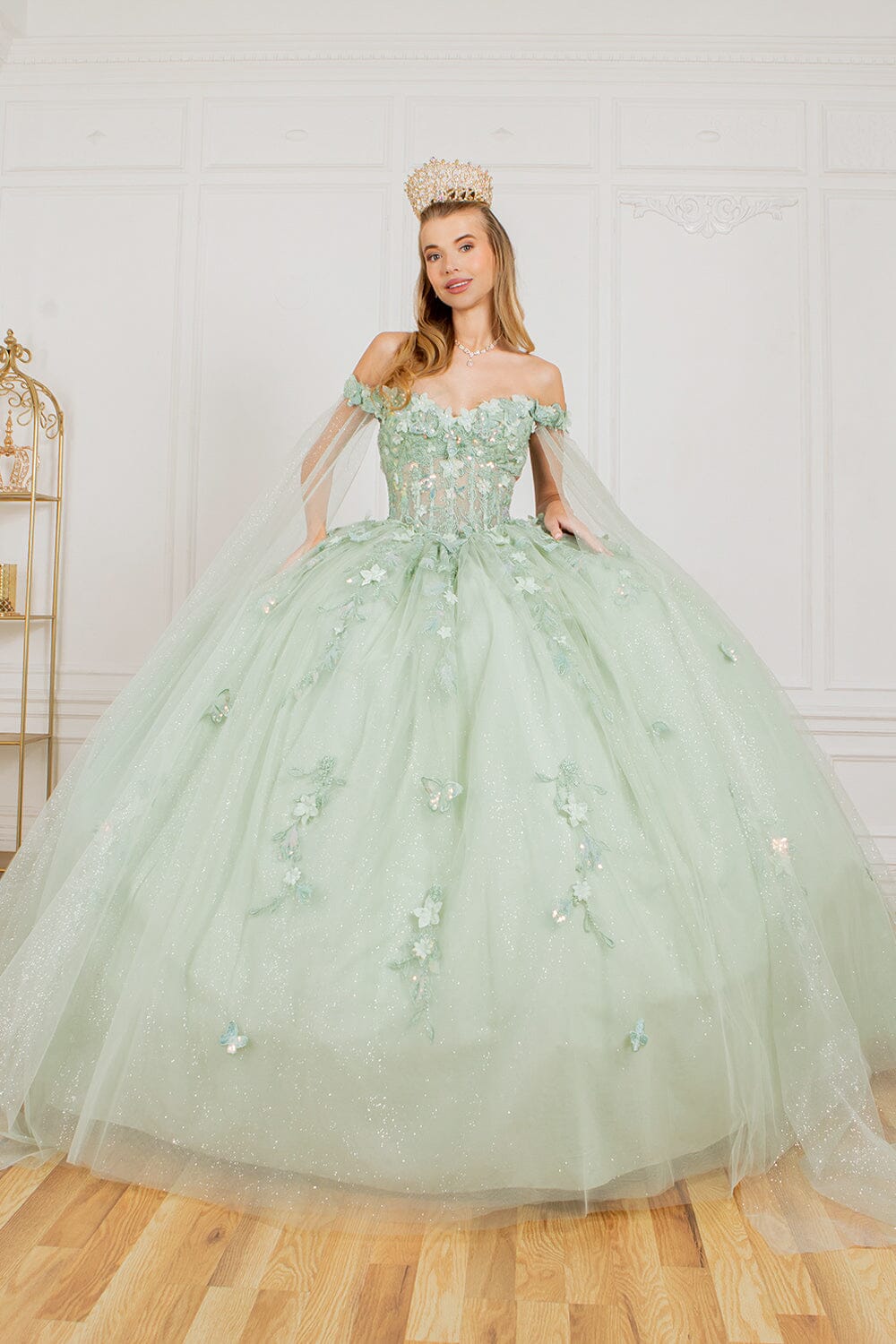 Applique Cape Sleeve Ball Gown by Cinderella Couture 8075J - product image 8