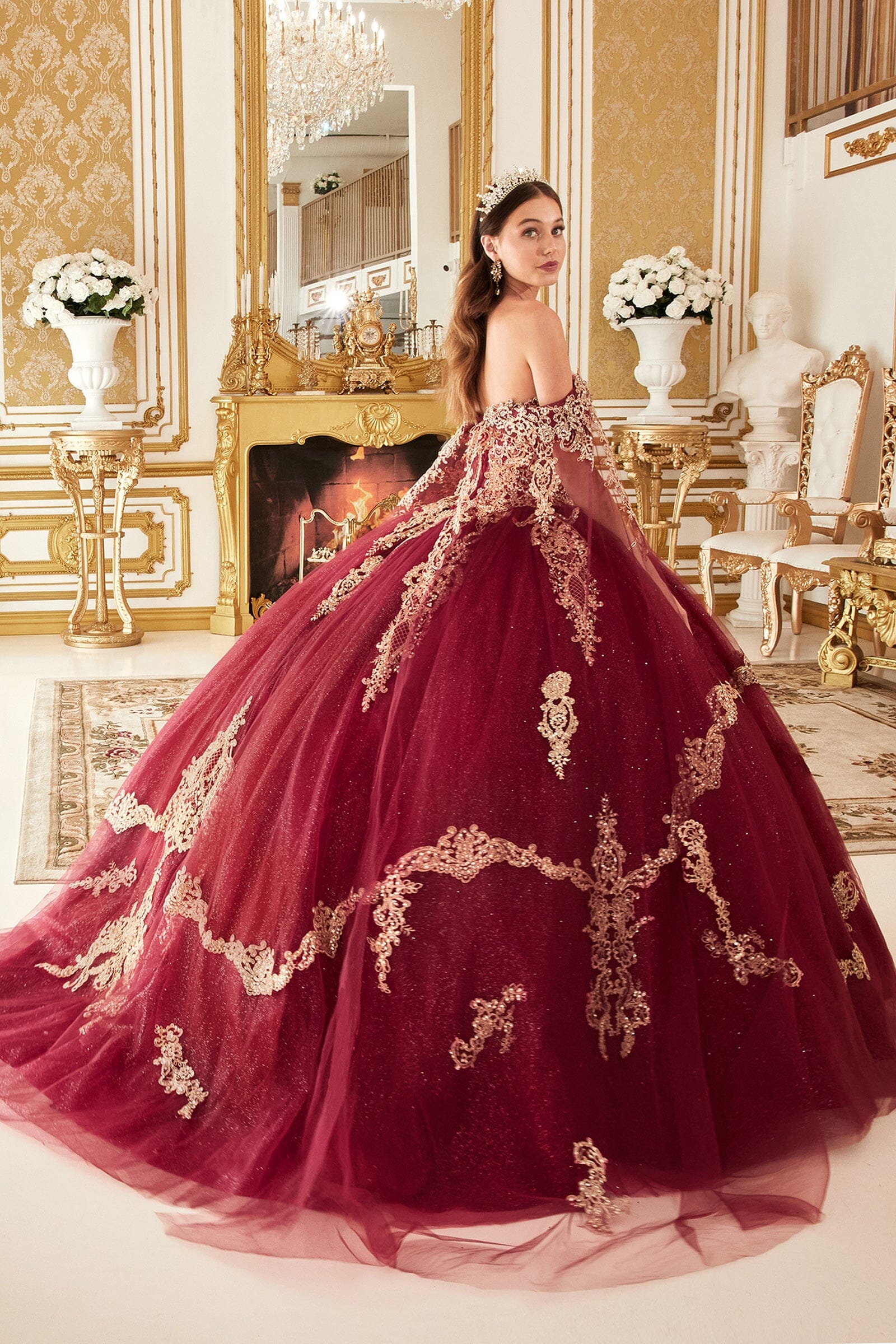 Applique Cape Sleeve Glitter Ball Gown by Ladivine 15711 - product image 2