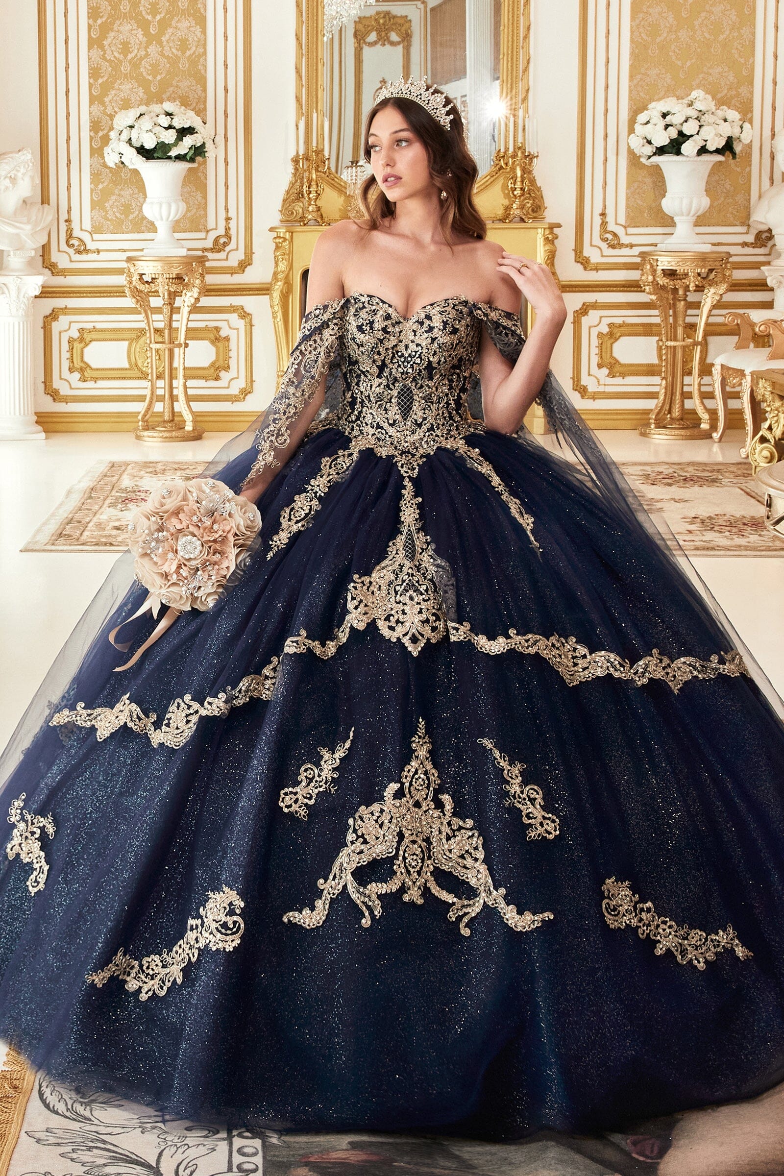 Applique Cape Sleeve Glitter Ball Gown by Ladivine 15711 - product image 3