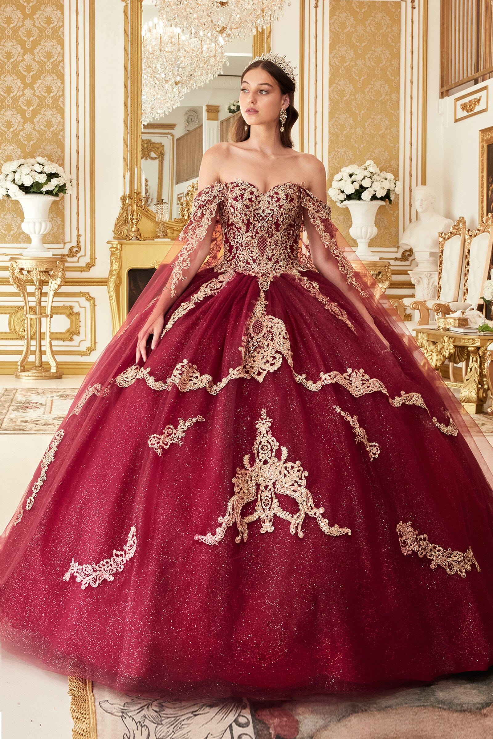 Applique Cape Sleeve Glitter Ball Gown by Ladivine 15711 - product image 6
