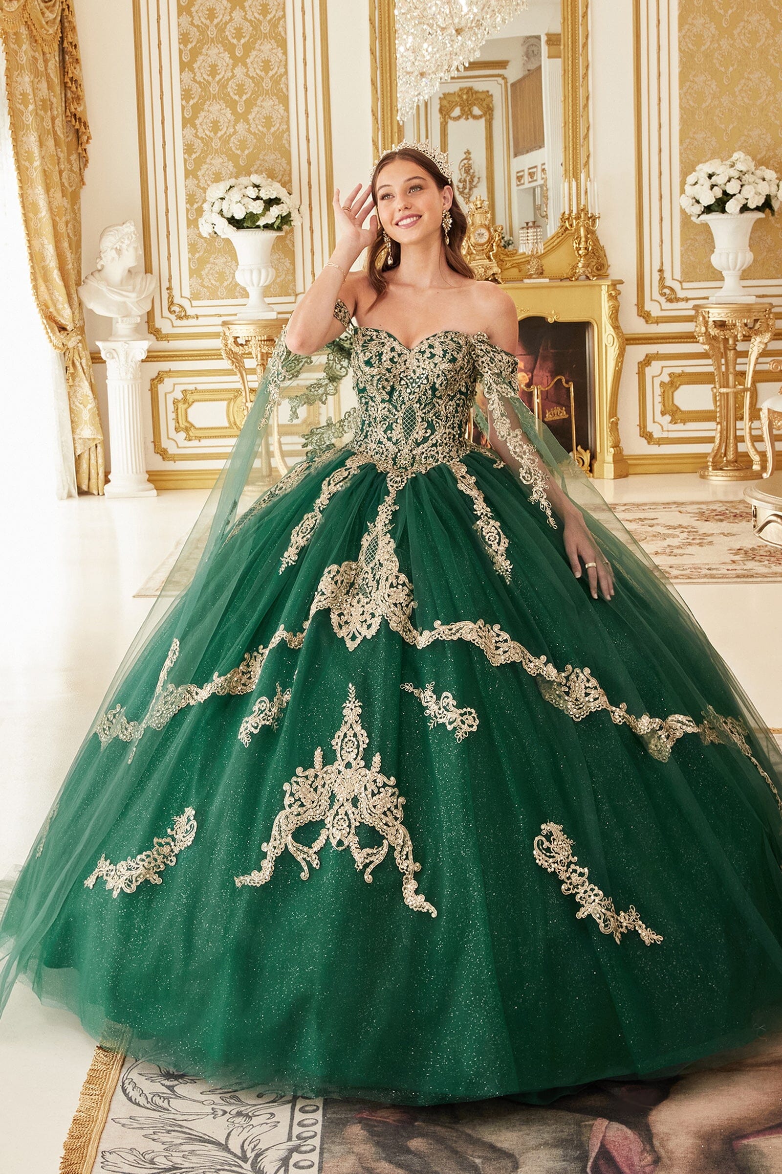 Applique Cape Sleeve Glitter Ball Gown by Ladivine 15711 - product image 5