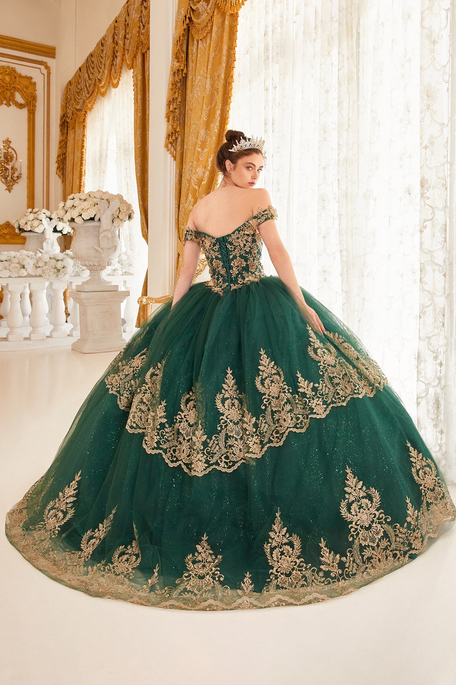 Applique Glitter Off Shoulder Ball Gown by Ladivine 15705 - product image 2