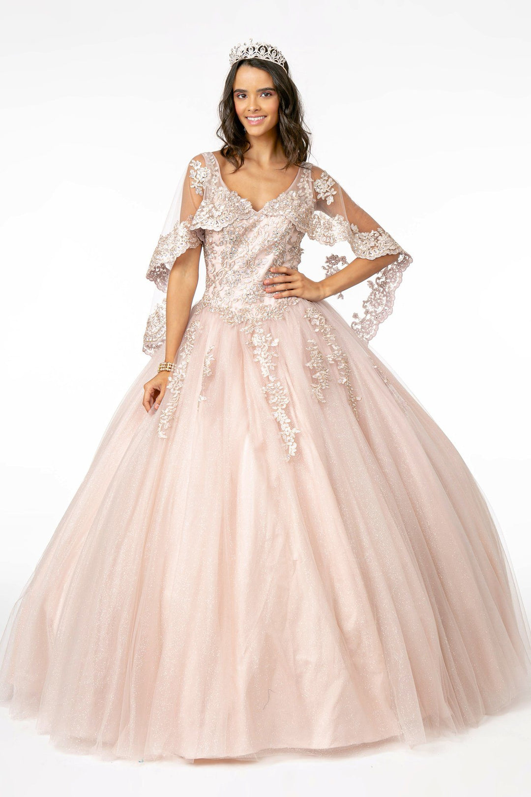 Applique Glitter V-Neck Ball Gown with Cape by Elizabeth K GL2800 - product image 1