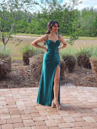 Fitted Beaded Bustier Satin Gown by Nox Anabel E1044