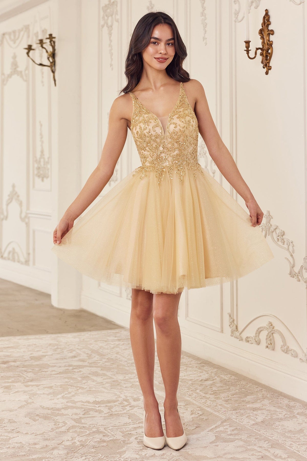 Beaded Short Sleeveless Glitter Tulle Dress by Ladivine CY022 - product image 1