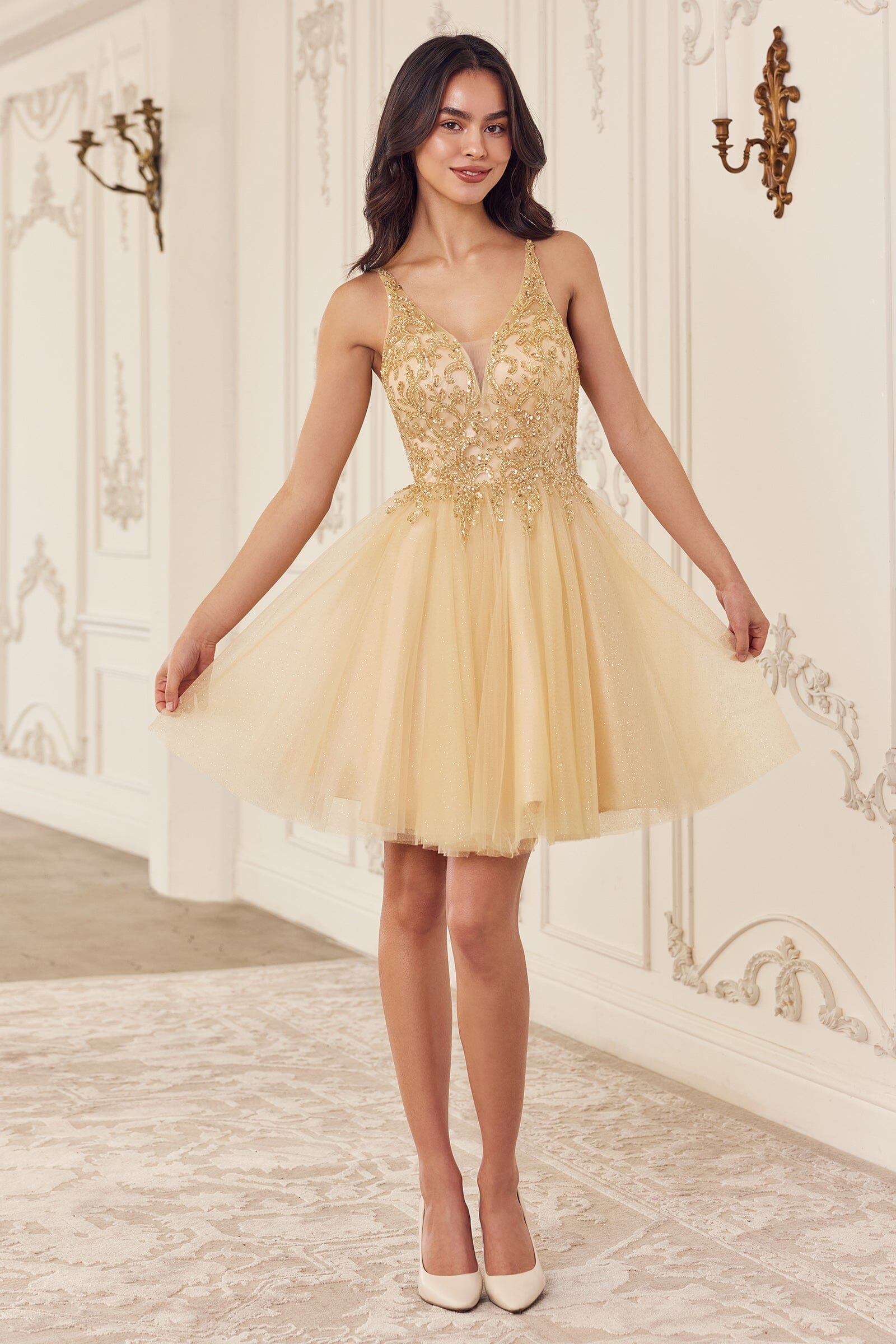 Beaded Short Sleeveless Glitter Tulle Dress by Ladivine CY022 - product image 1