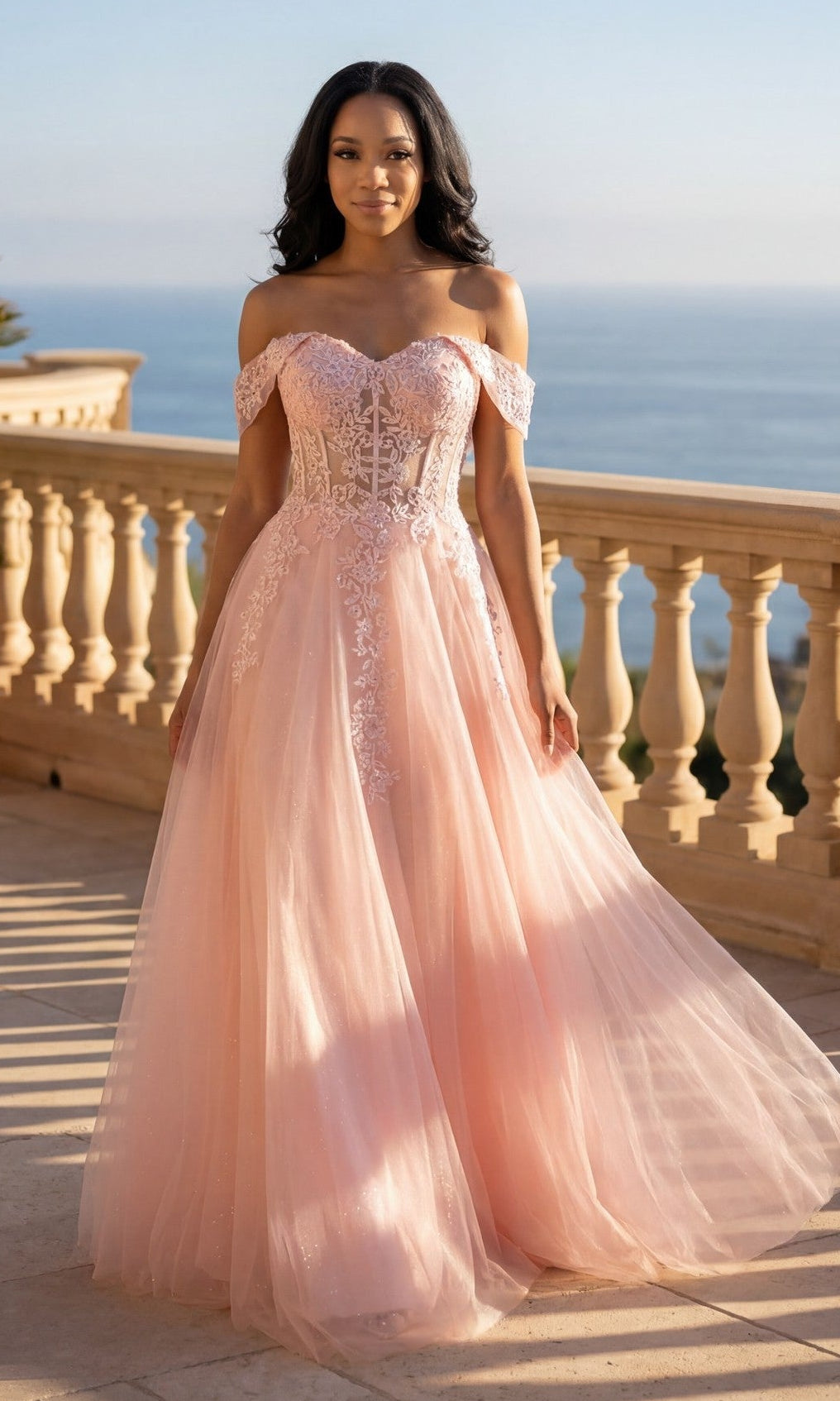 Blush off-the-shoulder glitter ball gown with floral corset bodice