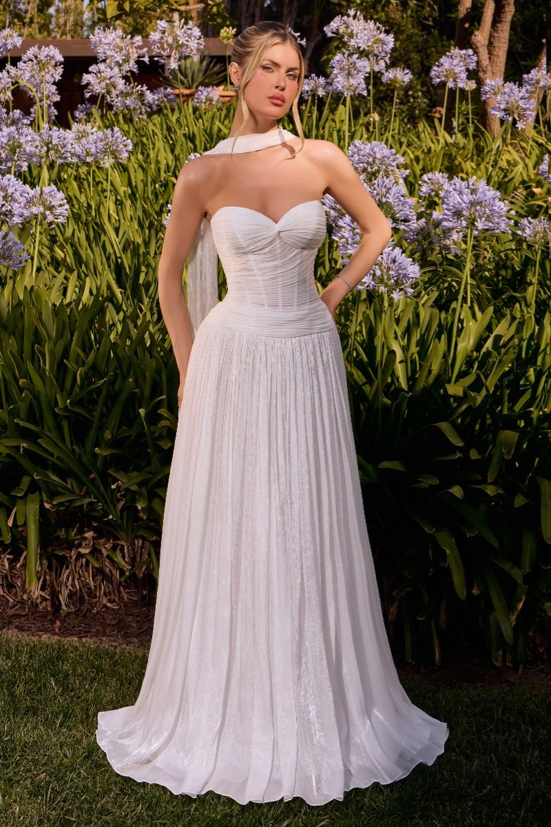 White Chiffon Strapless A-line Gown by Ladivine CD414W - image 1