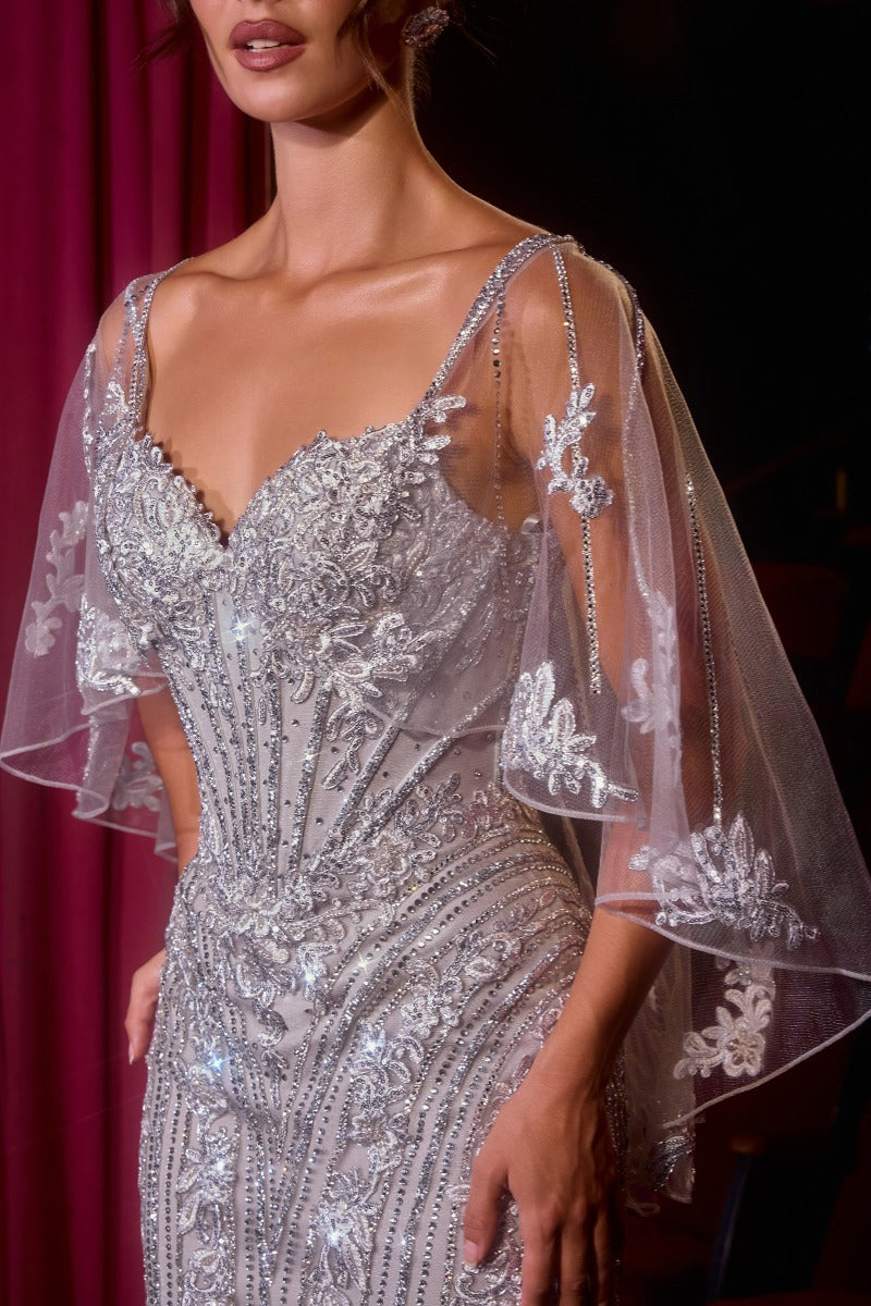 Fitted Metallic Lace Dress with Cape by Ladivine CD637