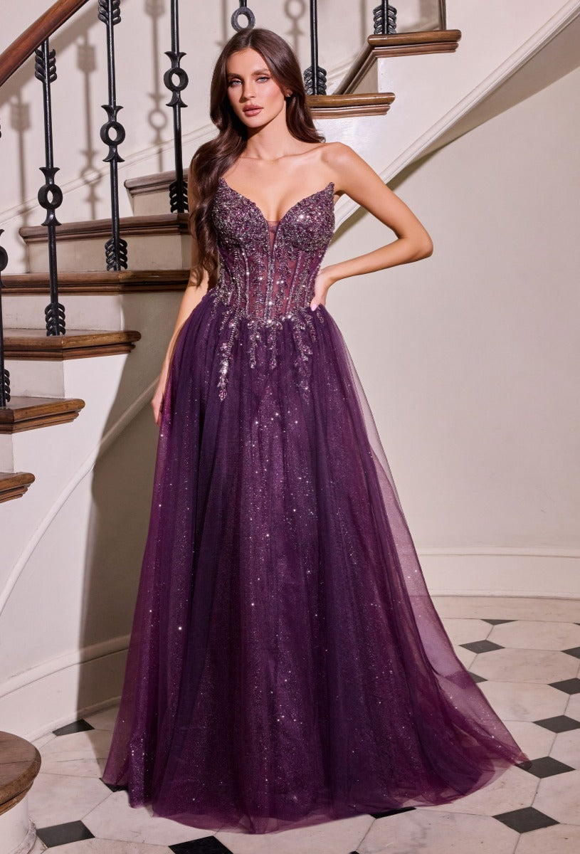 A-Line Evening Gown with Crystal Bodice by Ladivine CD721