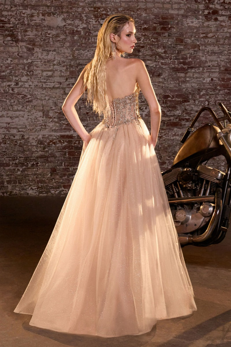 A-Line Evening Gown with Crystal Bodice by Ladivine CD721