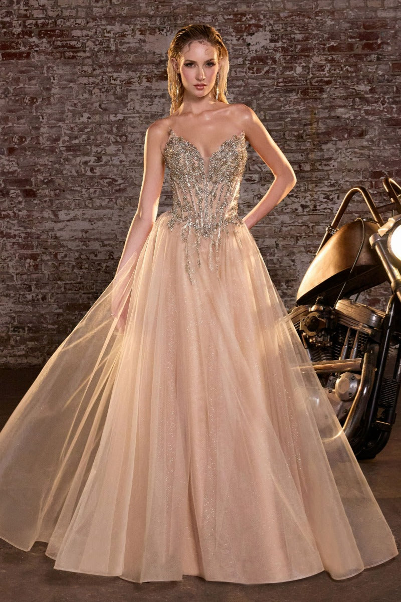 A-Line Evening Gown with Crystal Bodice by Ladivine CD721